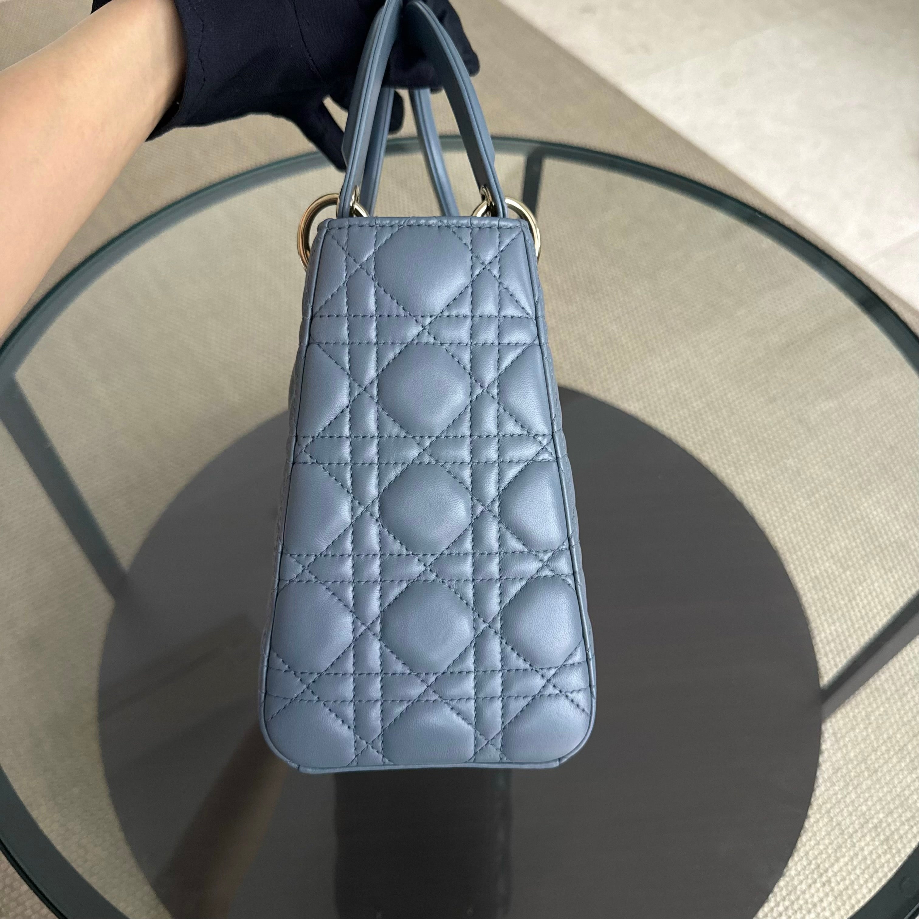 Dior Lady Medium - Cannage Lambskin Haze Blue Gold Hardware Adjustable Strap