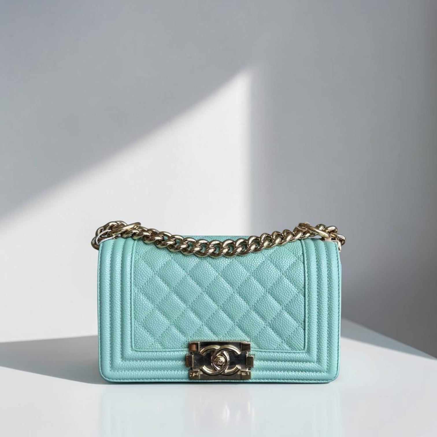 Chanel Boy Small - Caviar 20CM Quilted Tiffany Blue Gold Hardware Series 28