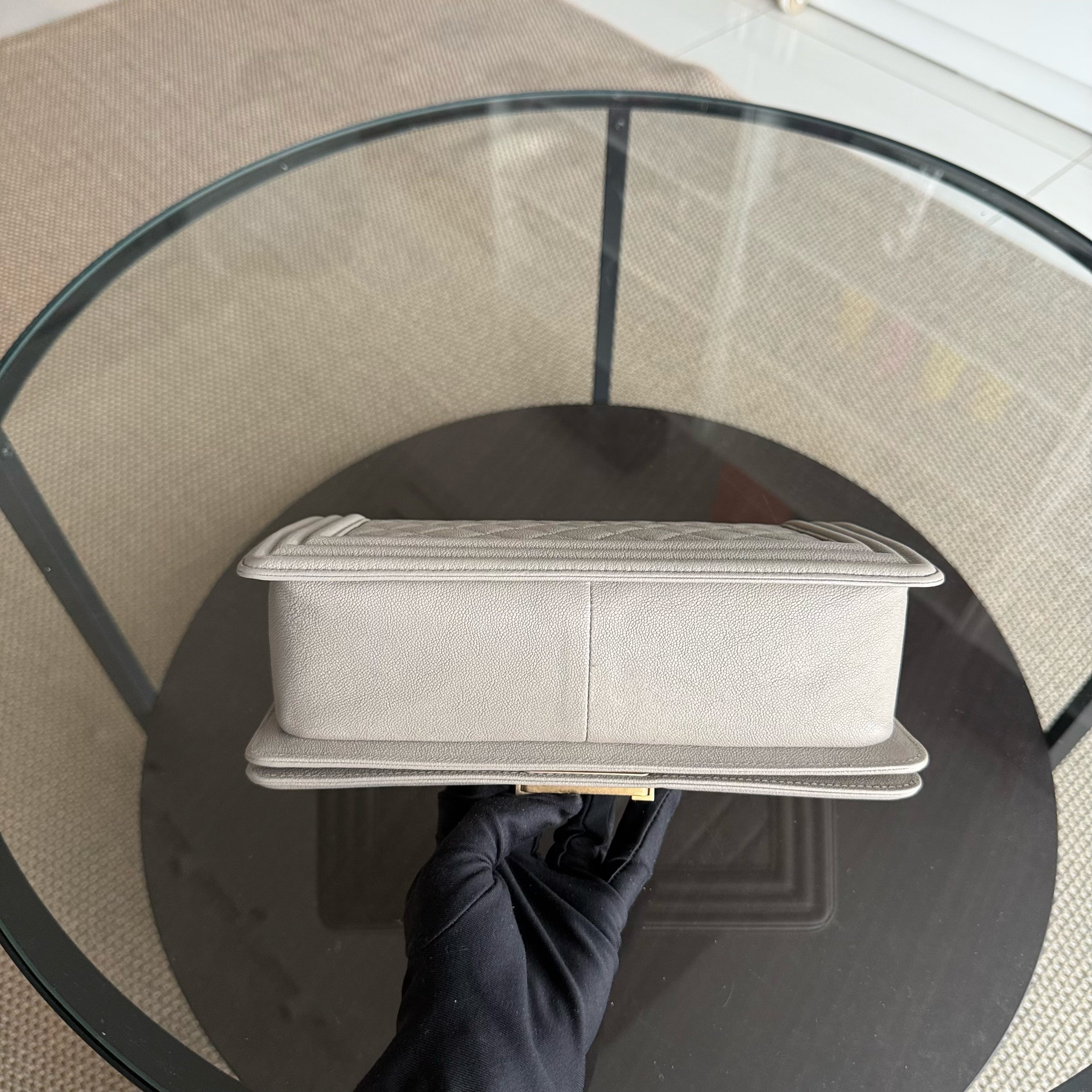 Chanel Boy Medium - Caviar 25CM Quilted Grained Calfskin Grey Gray Gold Hardware Series 27