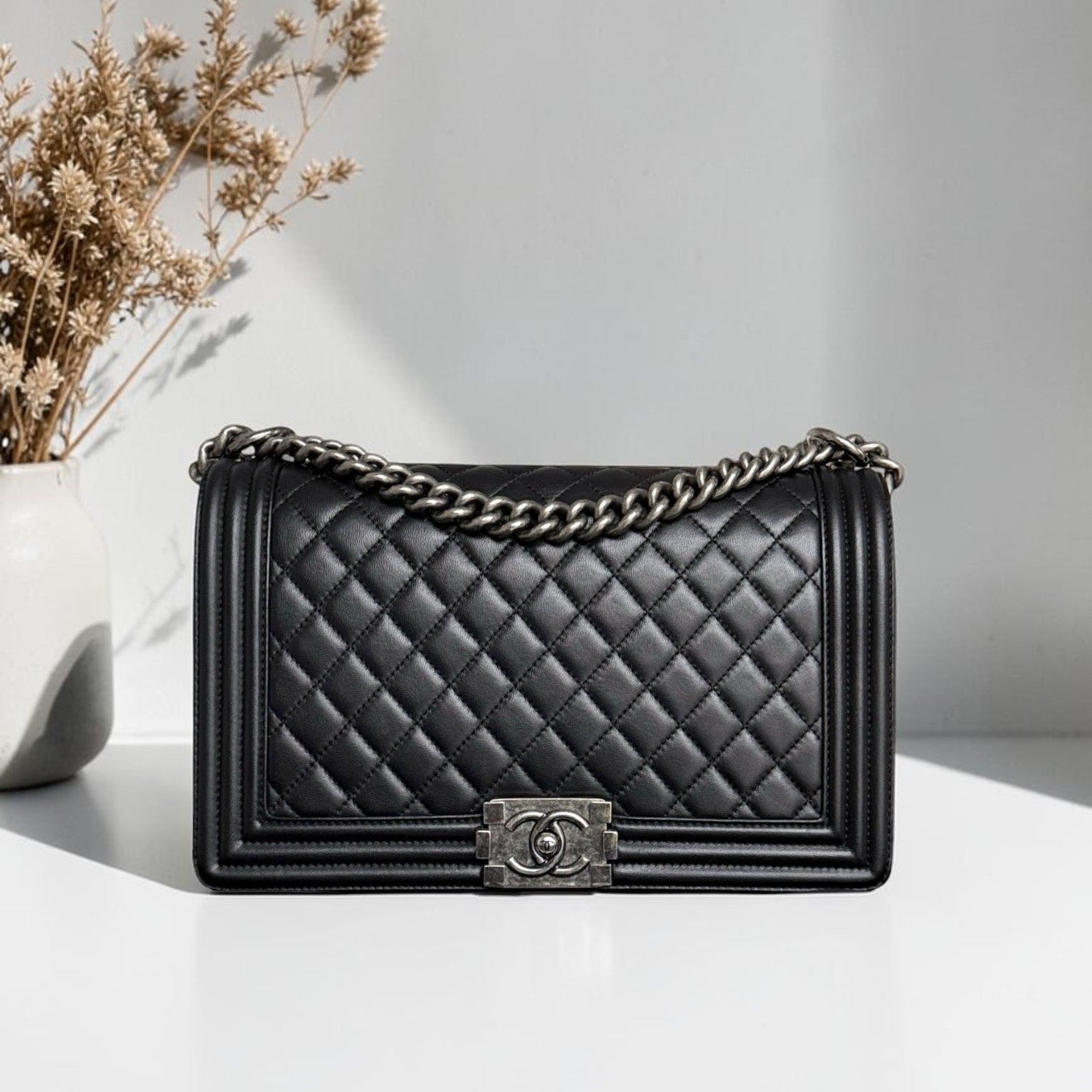 Chanel Boy New Medium - 28CM Quilted Lambskin Black Silver Hardware Series 23