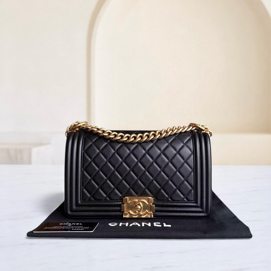Chanel Boy Medium - Calfskin 25CM Quilted Black Gold Hardware Series 20