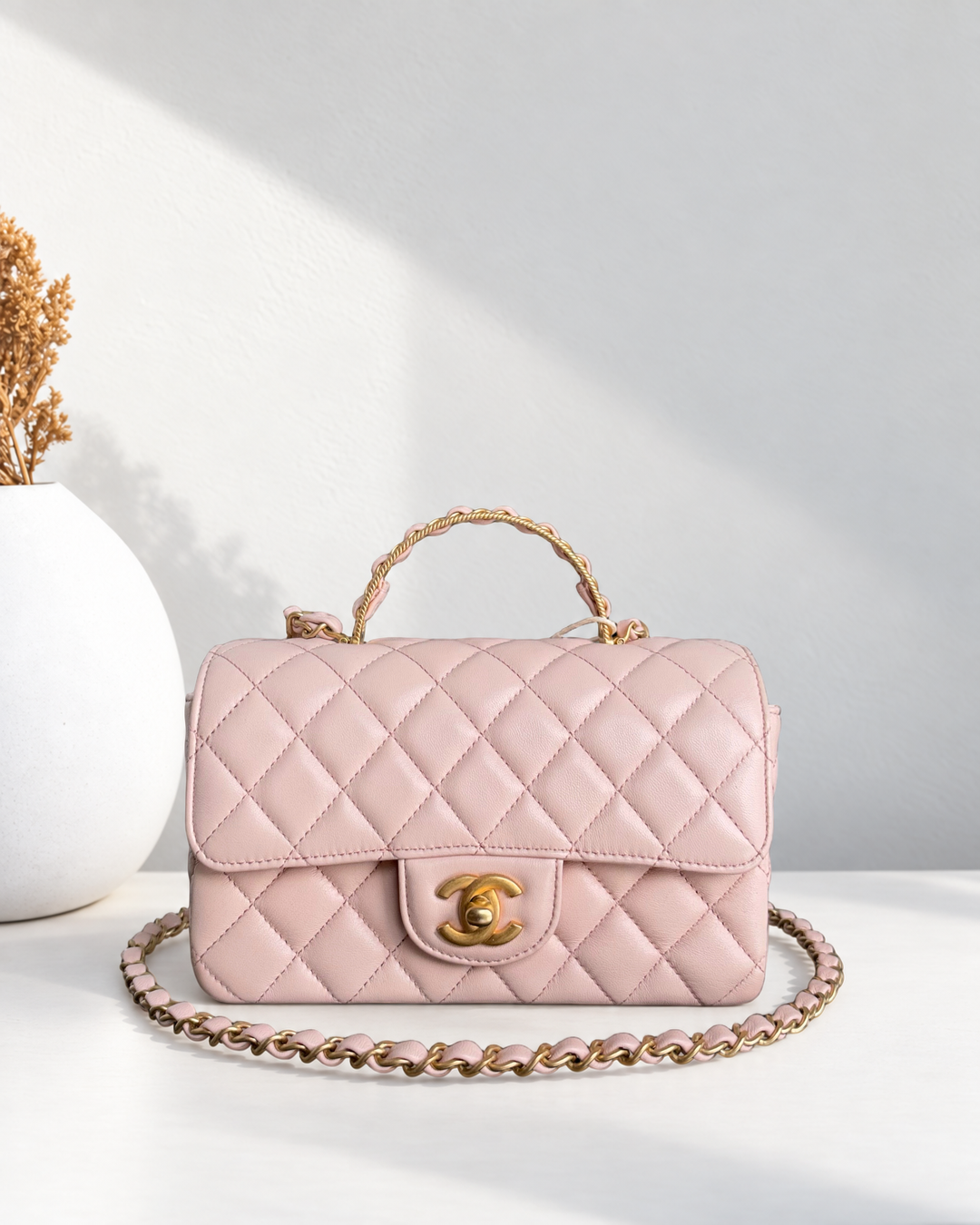 Chanel Classic Flap Mini Top Handle -Quilted Lambskin Gold Hardware Microchip