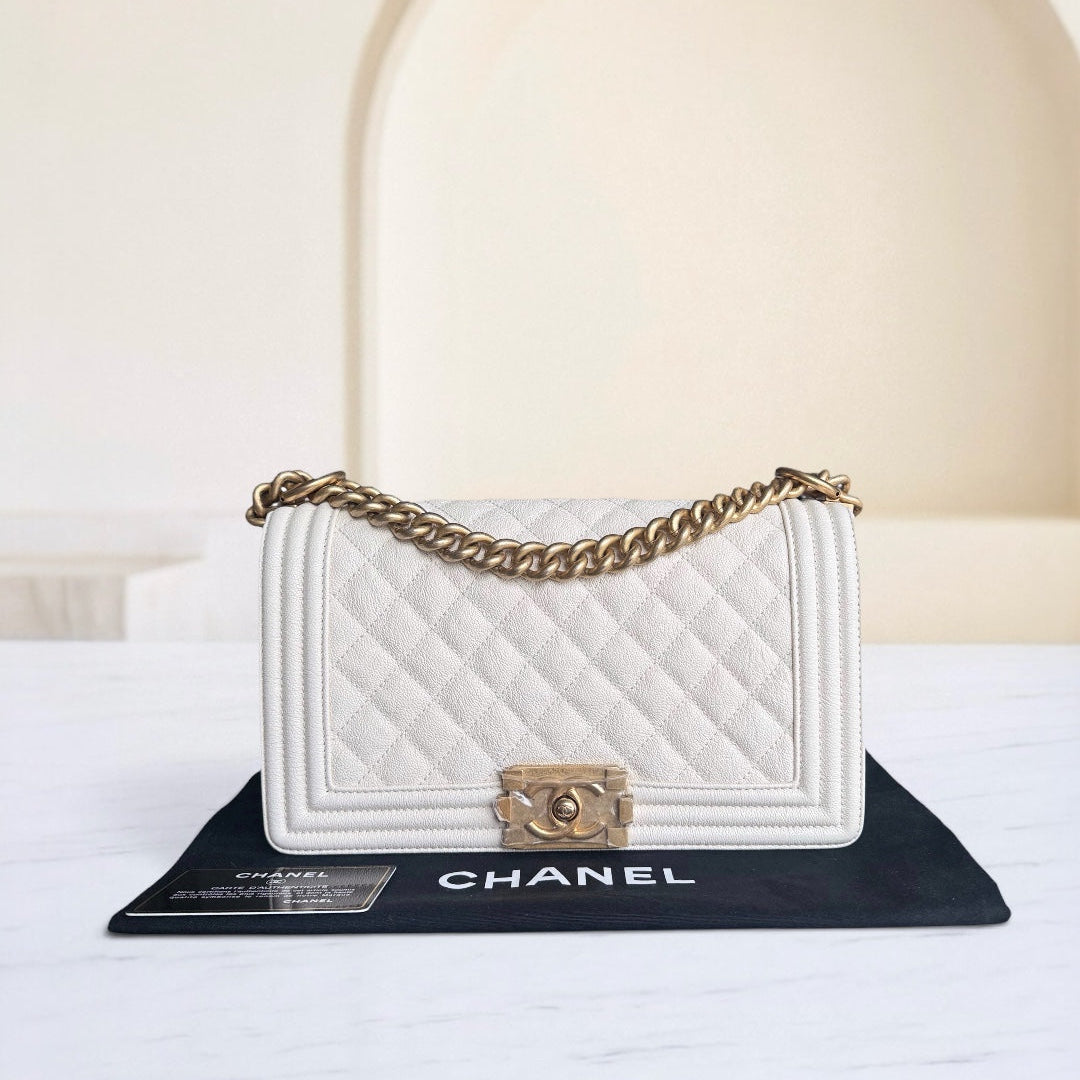 Chanel Boy Medium - Caviar 25CM Cream White Aged Gold Hardware Series 26