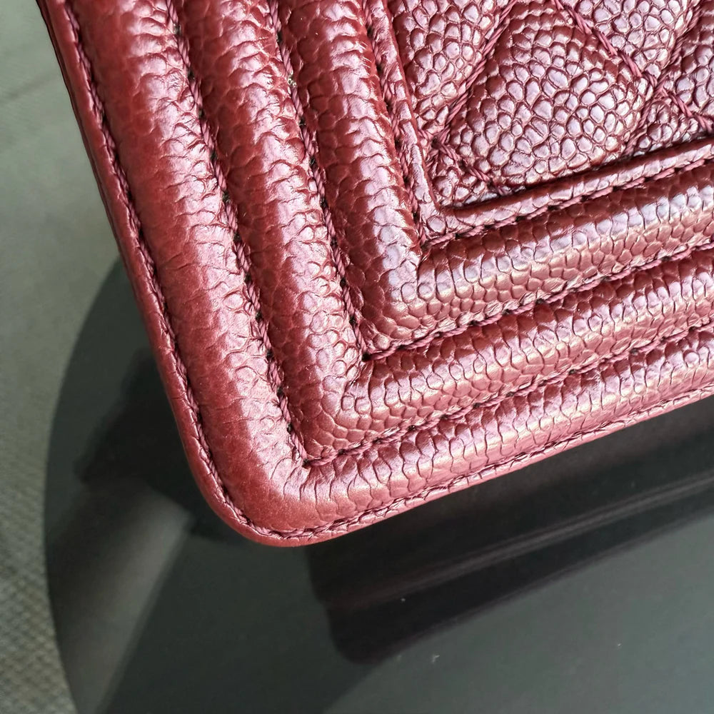 Chanel Boy Medium - 28CM Caviar Quilted Grained Calfskin Burgundy Dark Red Silver Hardware Series 19
