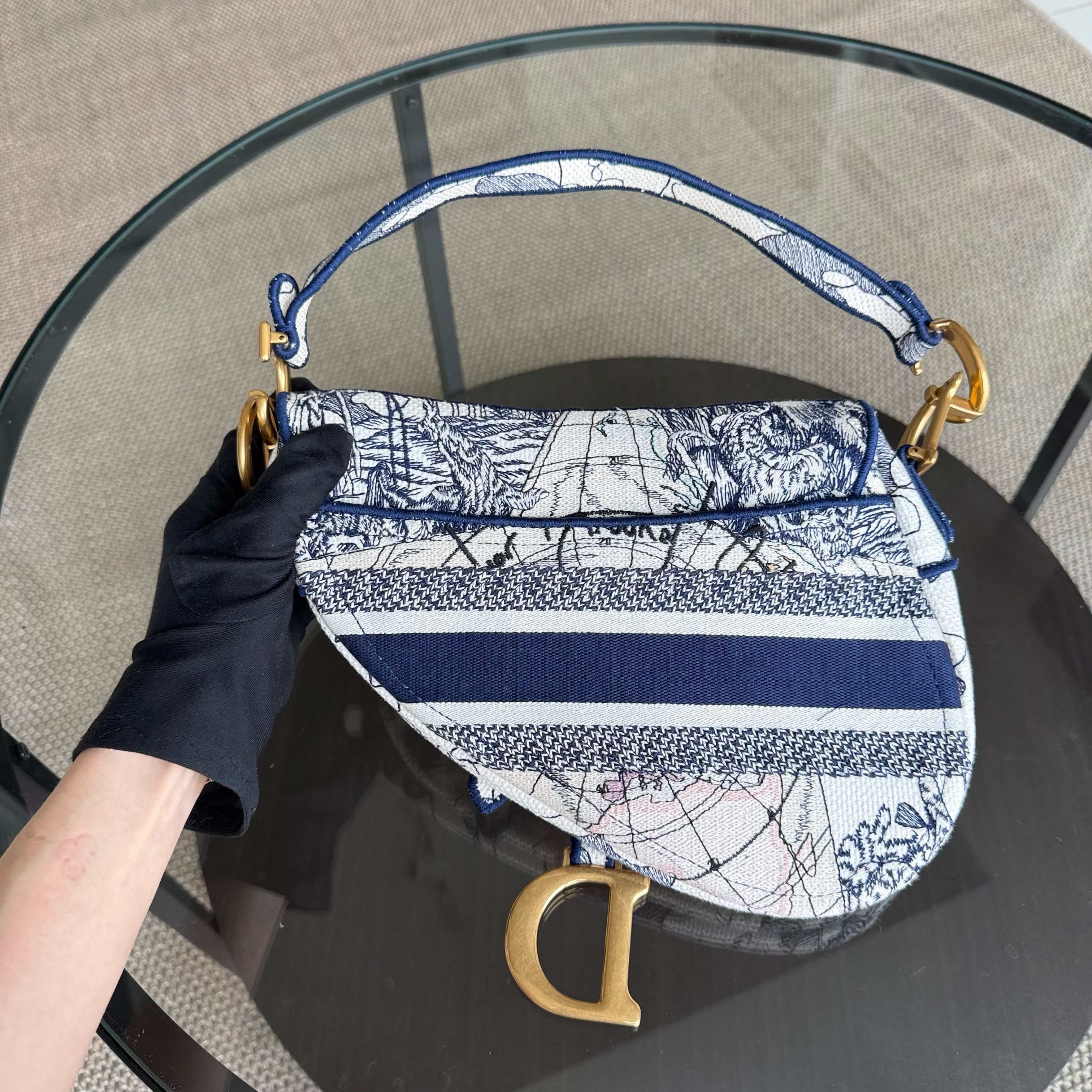 Dior Saddle Medium Blue Toile De Jouy Embroidery Canvas AGHW