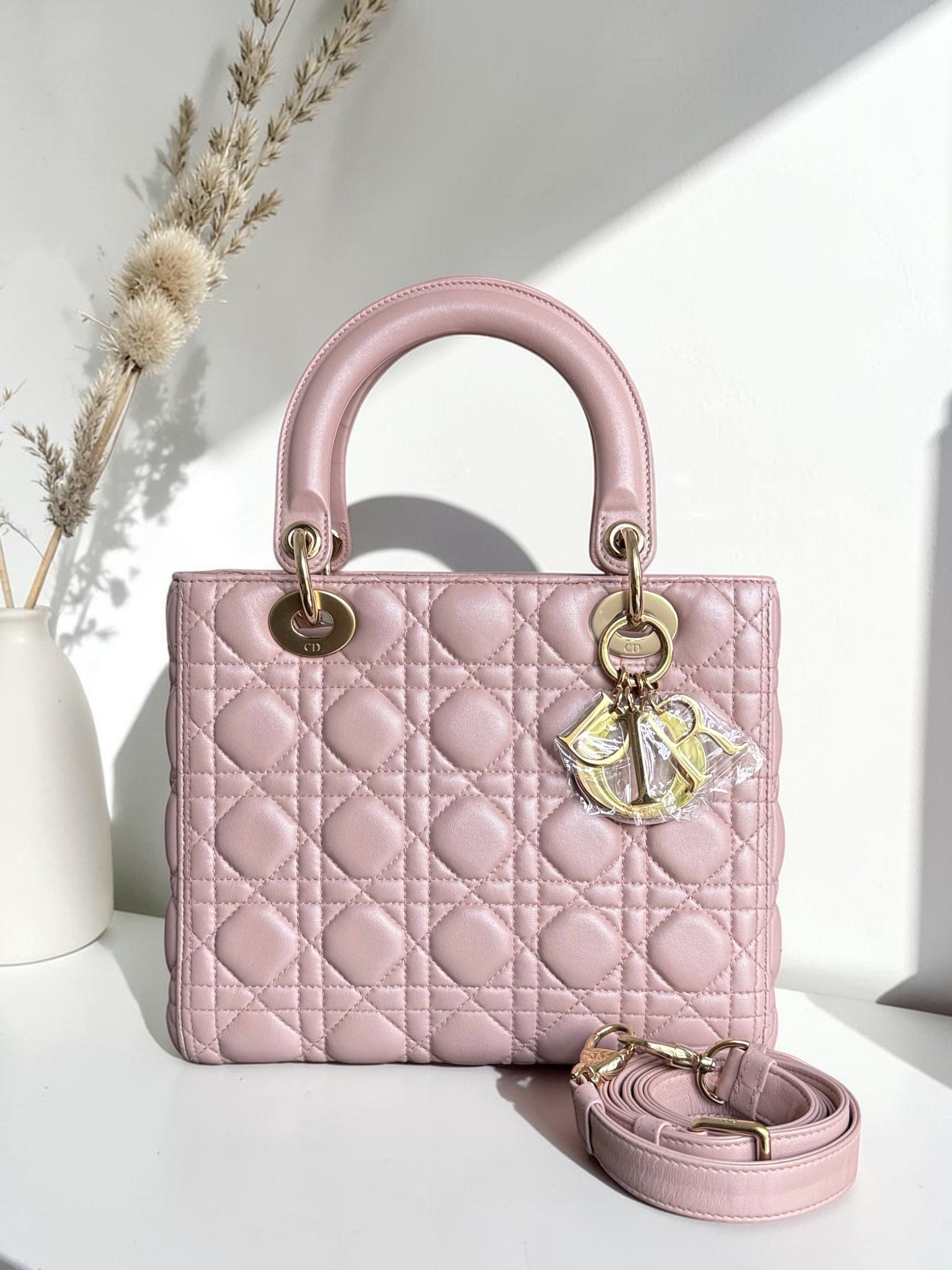 Dior Lady Medium - Cannage Lambskin Light Pink Gold Hardware Adjustable Strap
