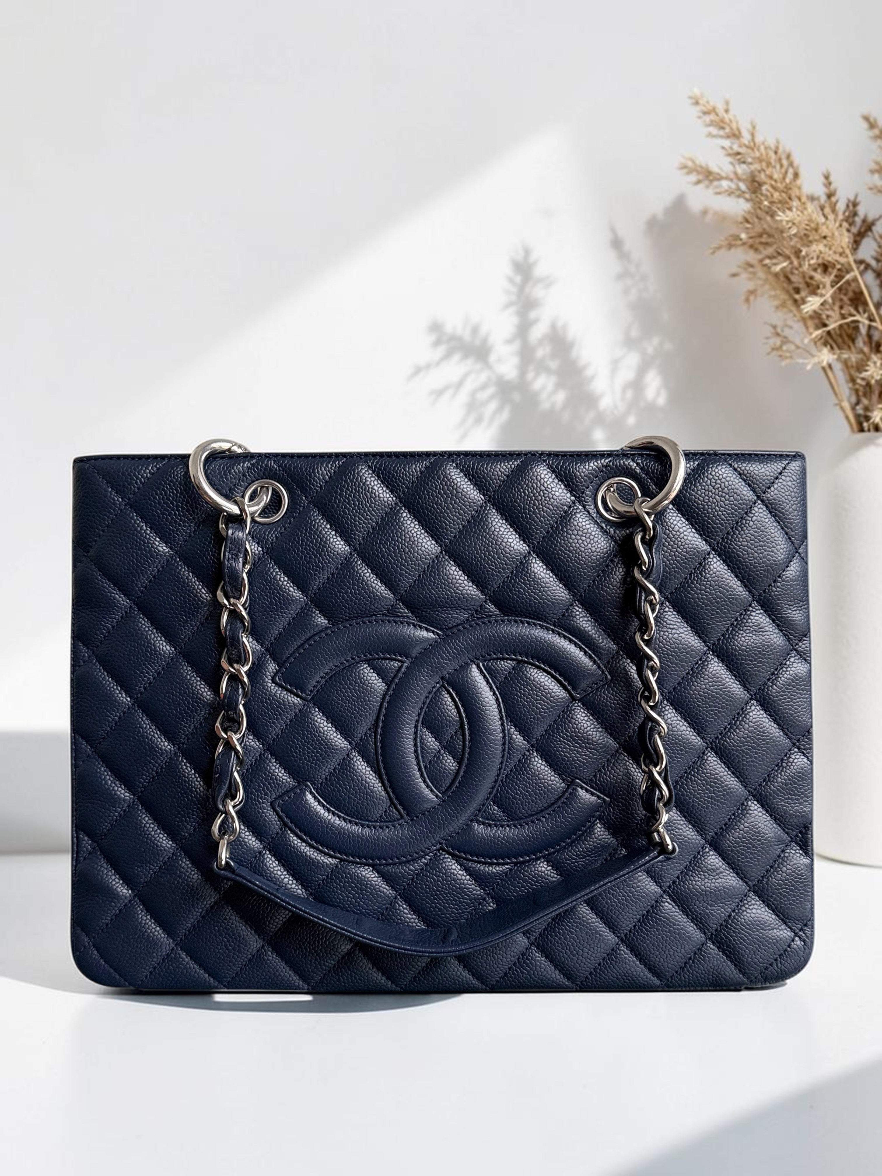 Chanel GST Grand Shopping Tote - Dark Blue Caviar Quilted Silver Hardware Series 13