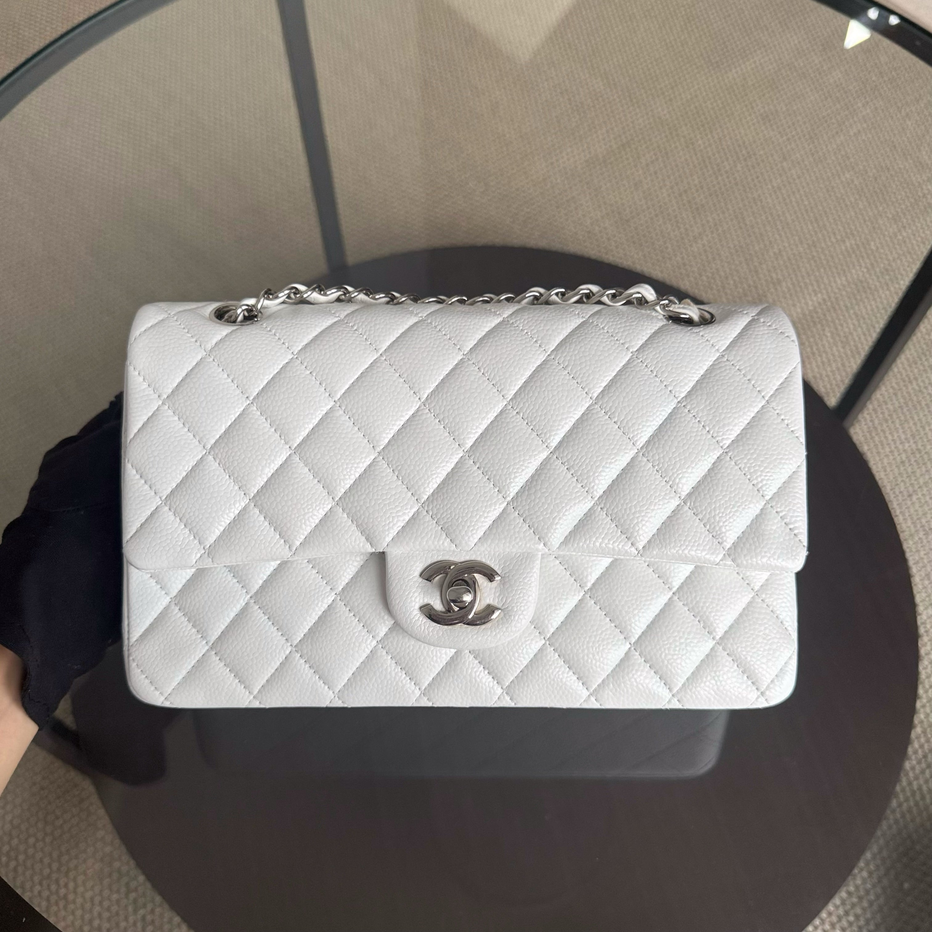 Chanel Classic Flap Medium - Caviar Quilted White Silver Hardware Series 18