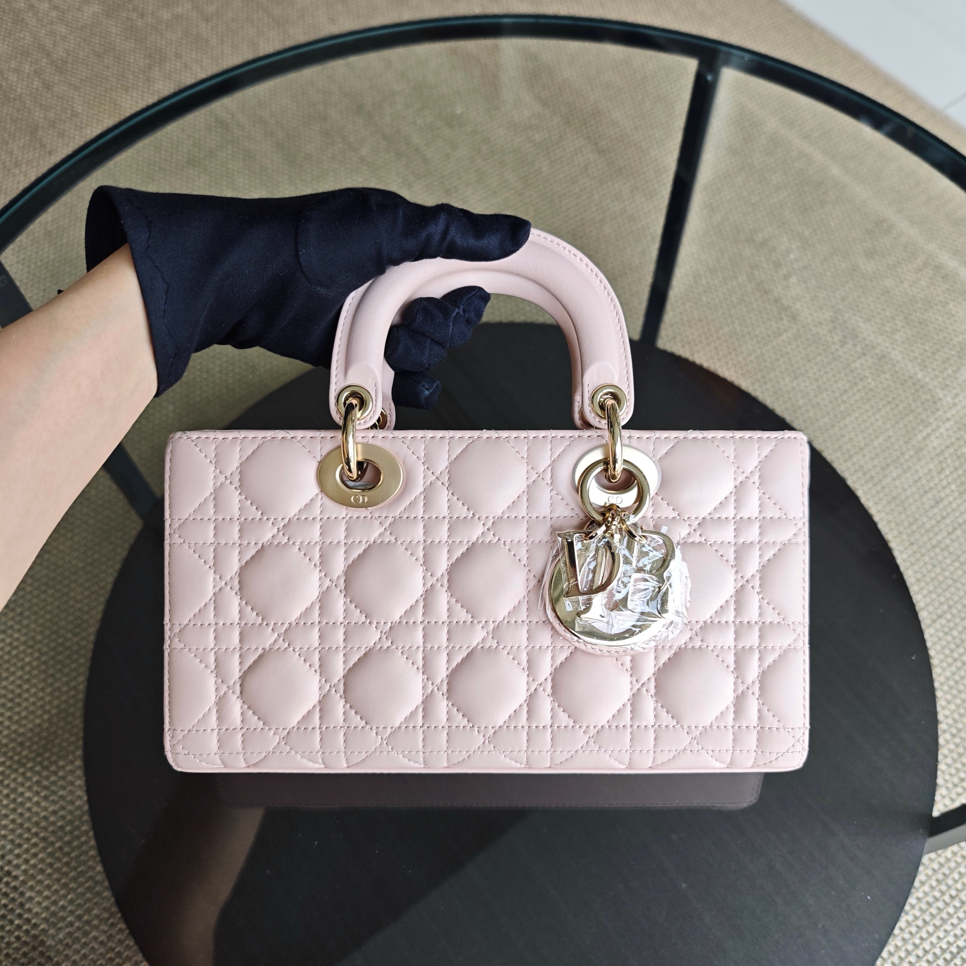 Dior D-Joy Medium - Cannage Lambskin Light Pink Gold Hardware