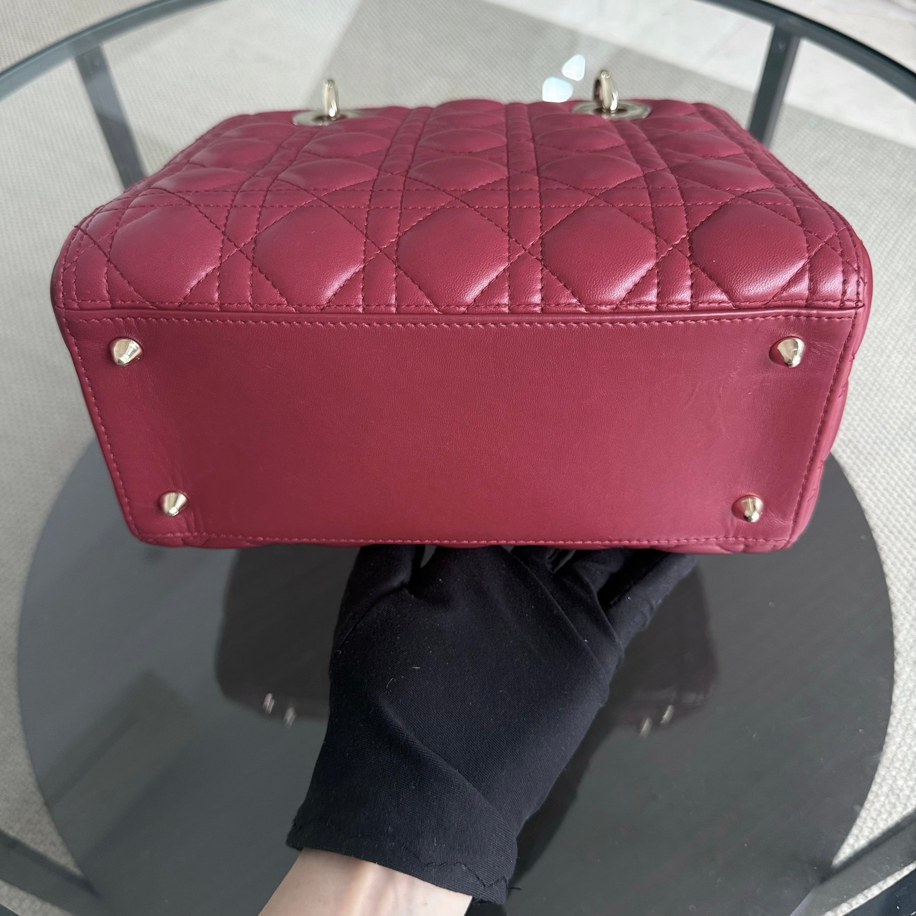 Dior Lady Medium - Cannage Lambskin Burgundy Dark Red Gold Hardware Adjustable Strap