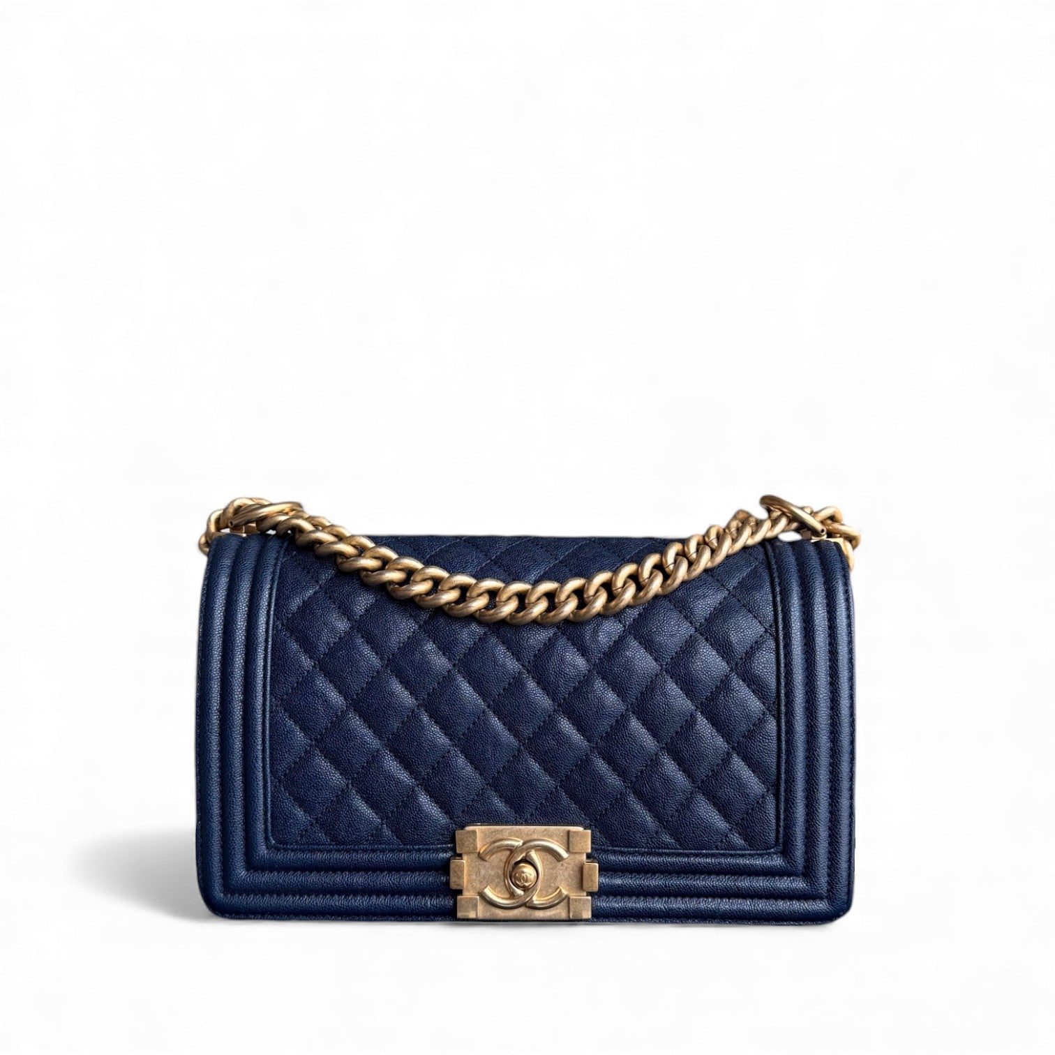 Chanel Boy Medium - Caviar 25CM Quilted Dark Blue Gold Hardware Series 27