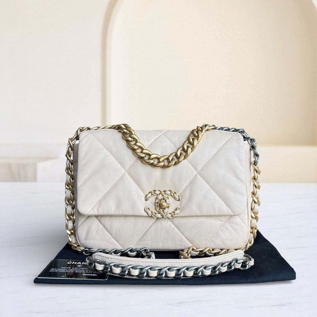 Chanel 19 Bag Small- C19 Quilted Goatskin Light Beige Cream Two-tone Hardware Series 30