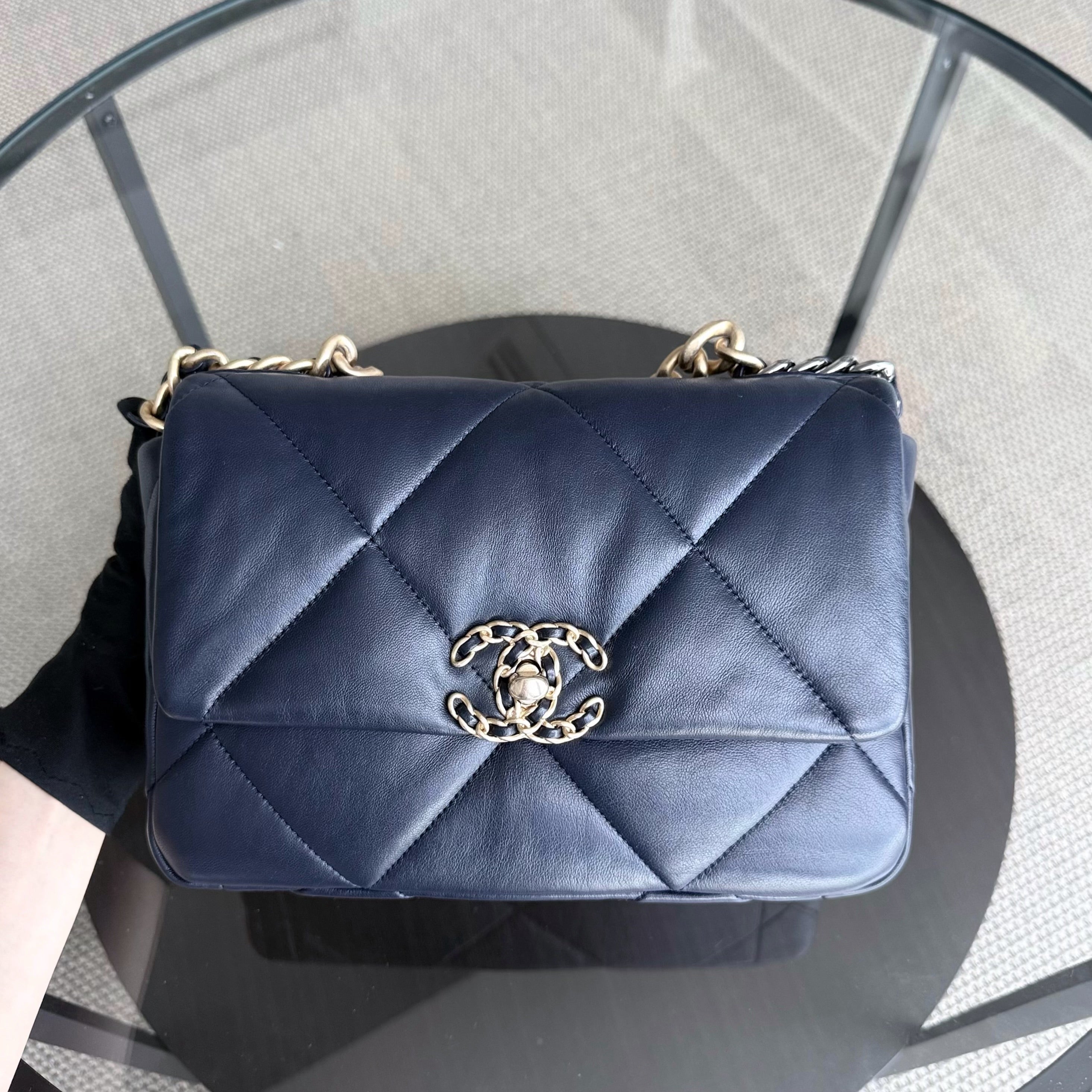 Chanel 19 Bag Small - C19 Quilted Goatskin Dark Navy Blue Two-tone Hardware Series 31