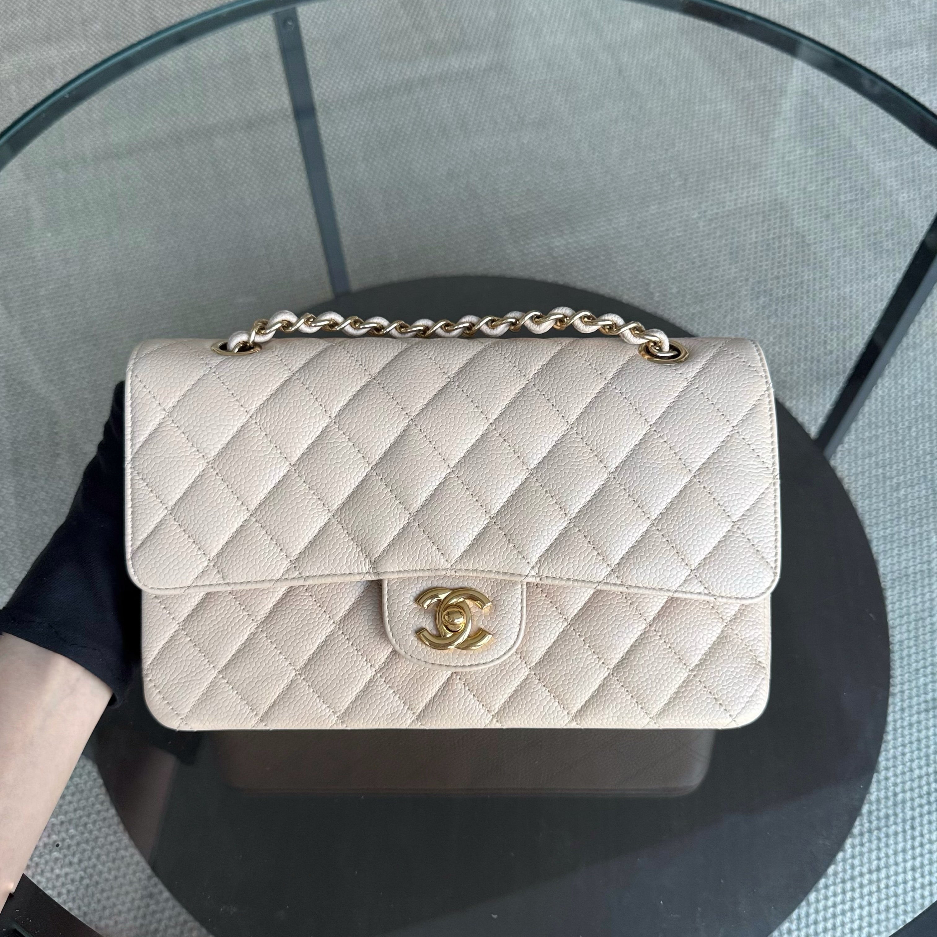Chanel Classic Flap Medium - Caviar 25CM Quilted Grained Calfskin Beige Gold Hardware Series 14