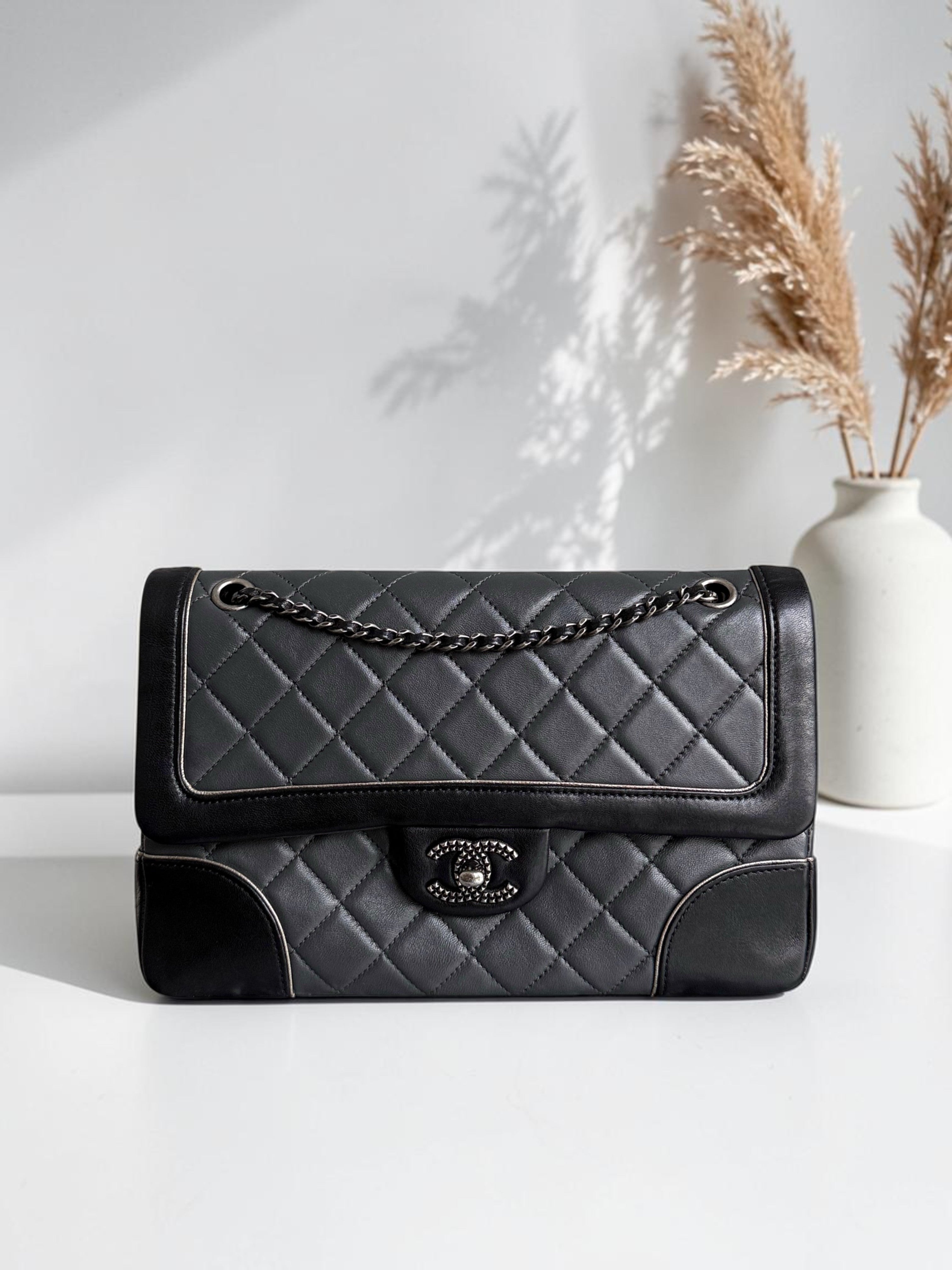 Chanel Flap Medium - Calfskin 25CM Quilted Dark Gray Ruthenium Silver Hardware Series 21
