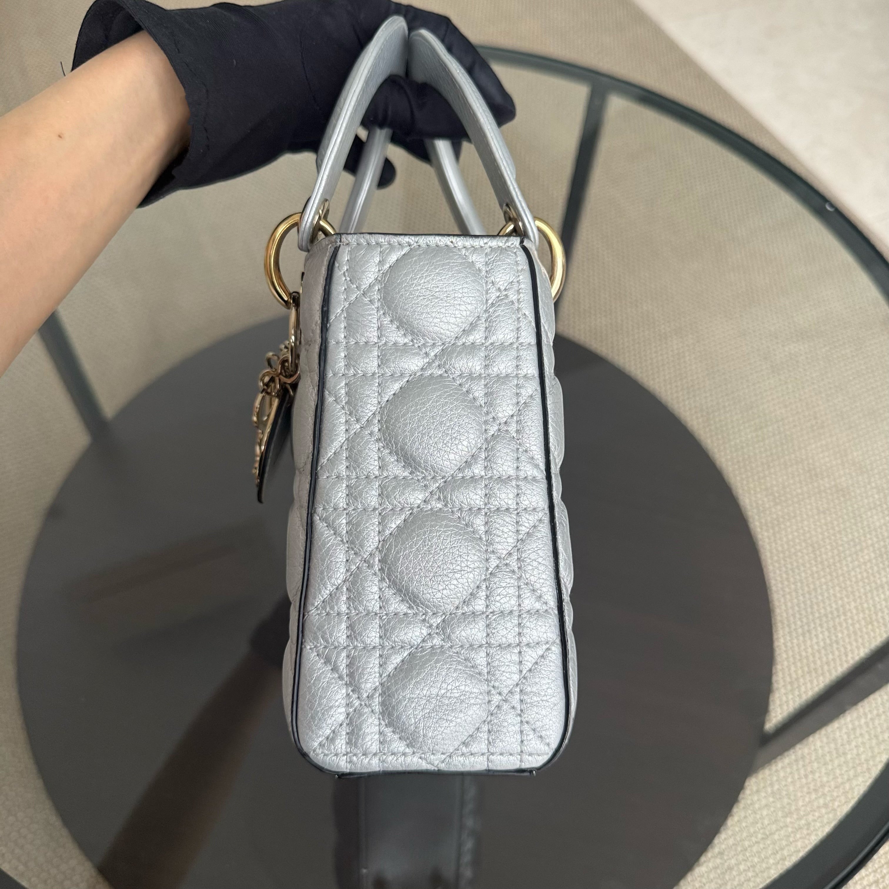 Dior Lady Small - Cannage Gray Calfskin Gold Hardware