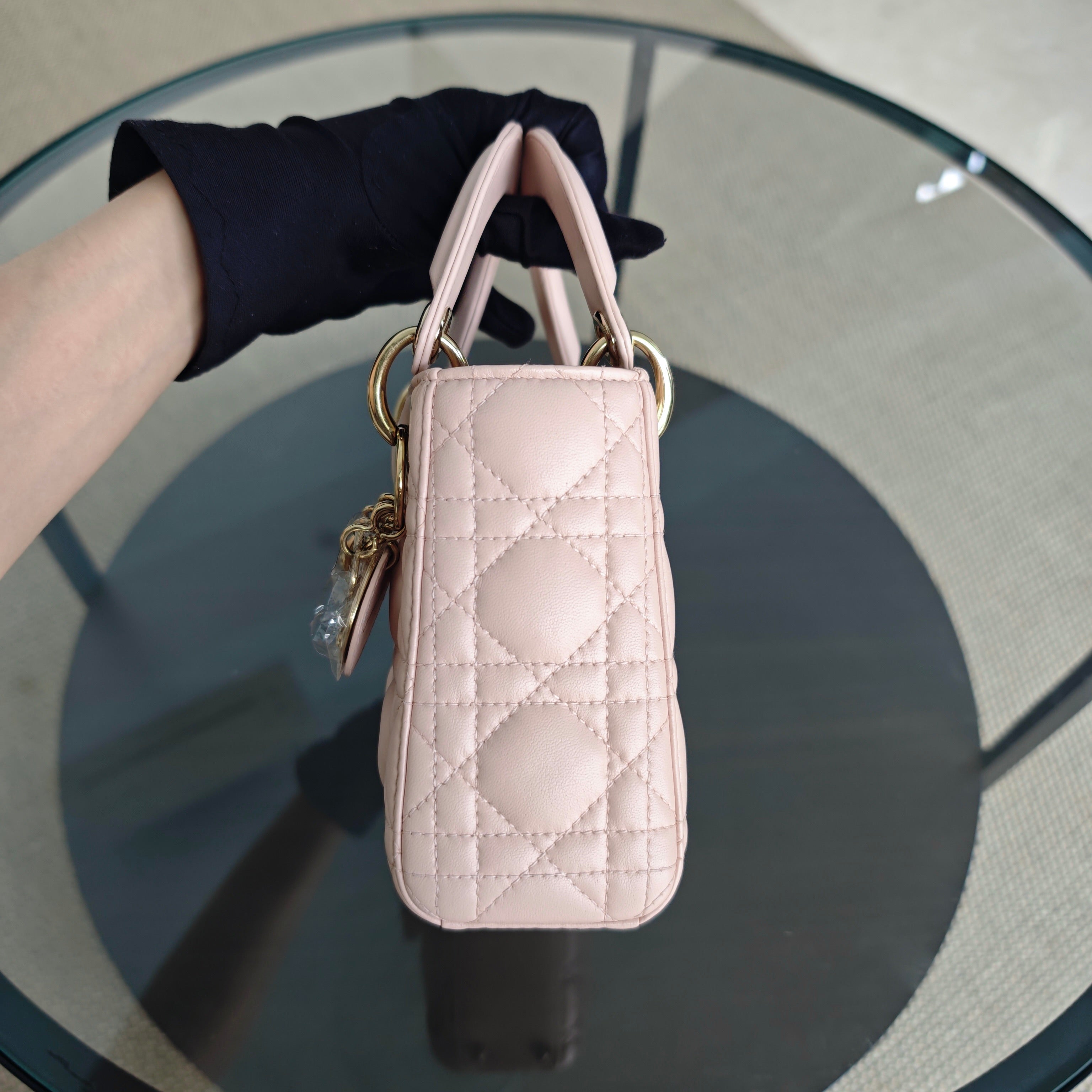 Dior Lady Mini - Cannage Lambskin Light Pink Gold Hardware Adjustable Strap
