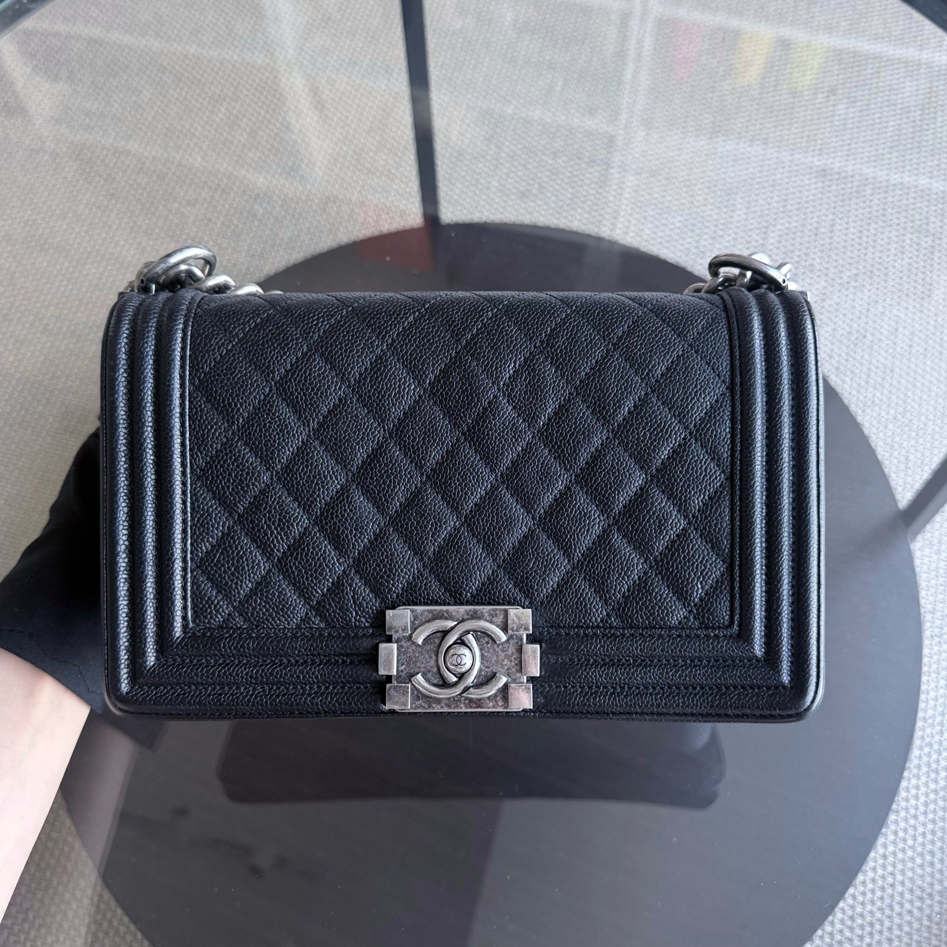 Chanel Boy Medium - Caviar Quilted Grained Calfskin Black Ruthenium Silver Hardware Series 23
