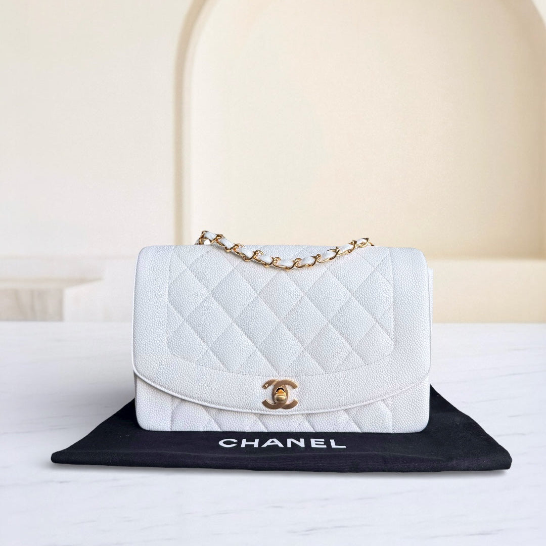 Chanel Diana Medium Vintage - 25CM Quilted Caviar White Gold Hardware Series 2