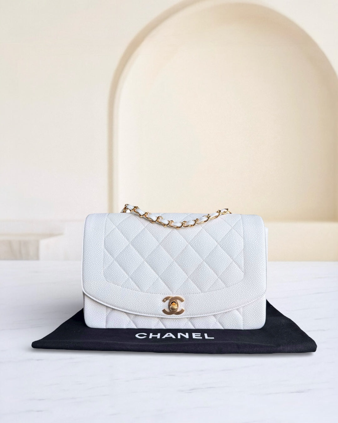 Chanel Diana Medium Vintage - 25CM Quilted Caviar White Gold Hardware Series 2