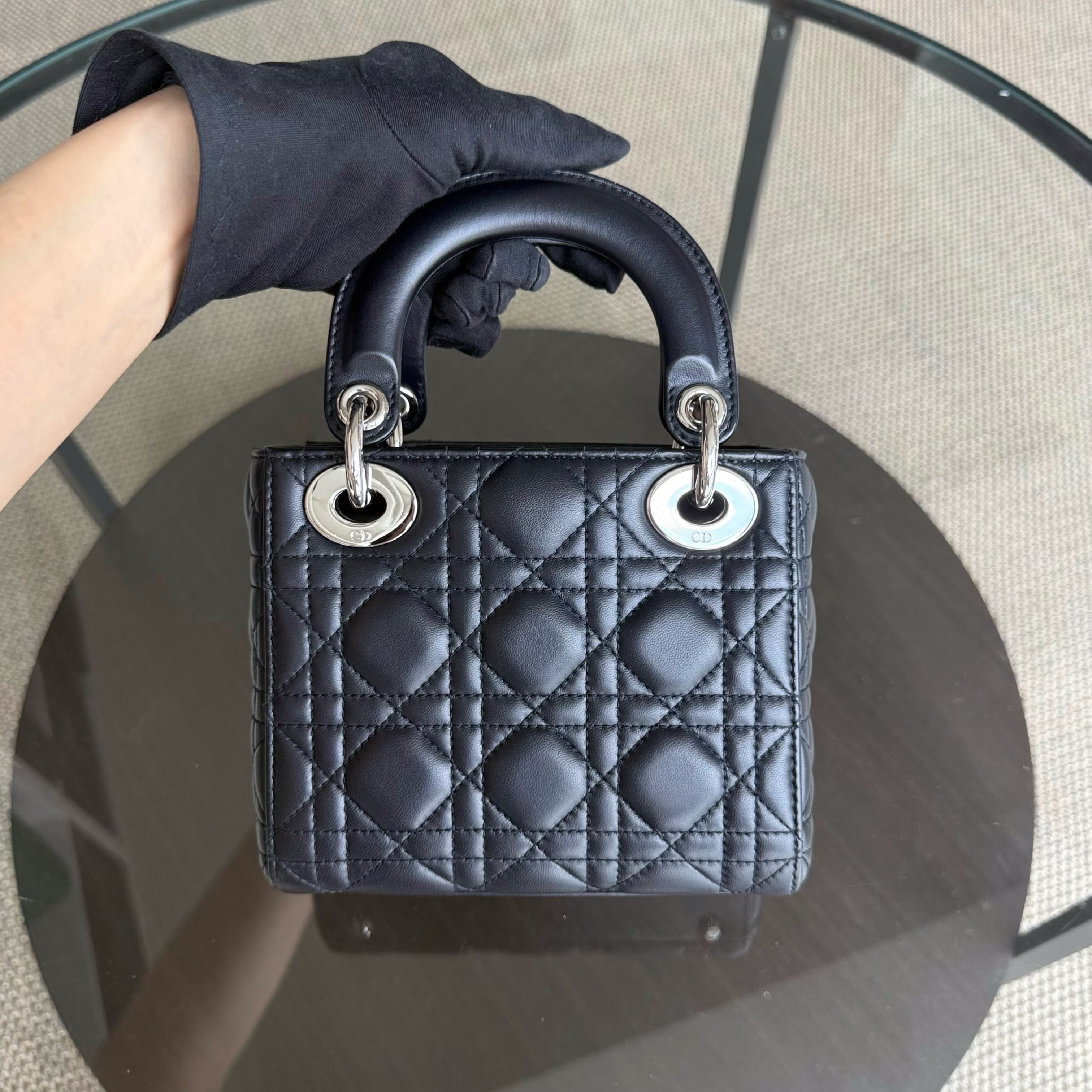 Dior Lady Mini - Cannage Lambskin Midnight Blue Silver Hardware Chain Strap