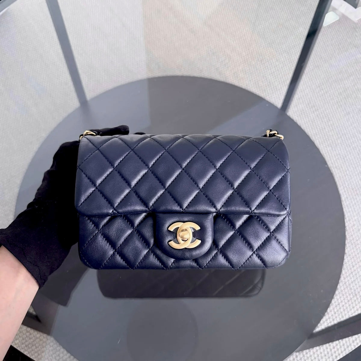 Chanel Classic Flap Mini - 20CM Rectangle Pearl Crush Quilted Lambskin Dark Blue Gold Hardware Series 30