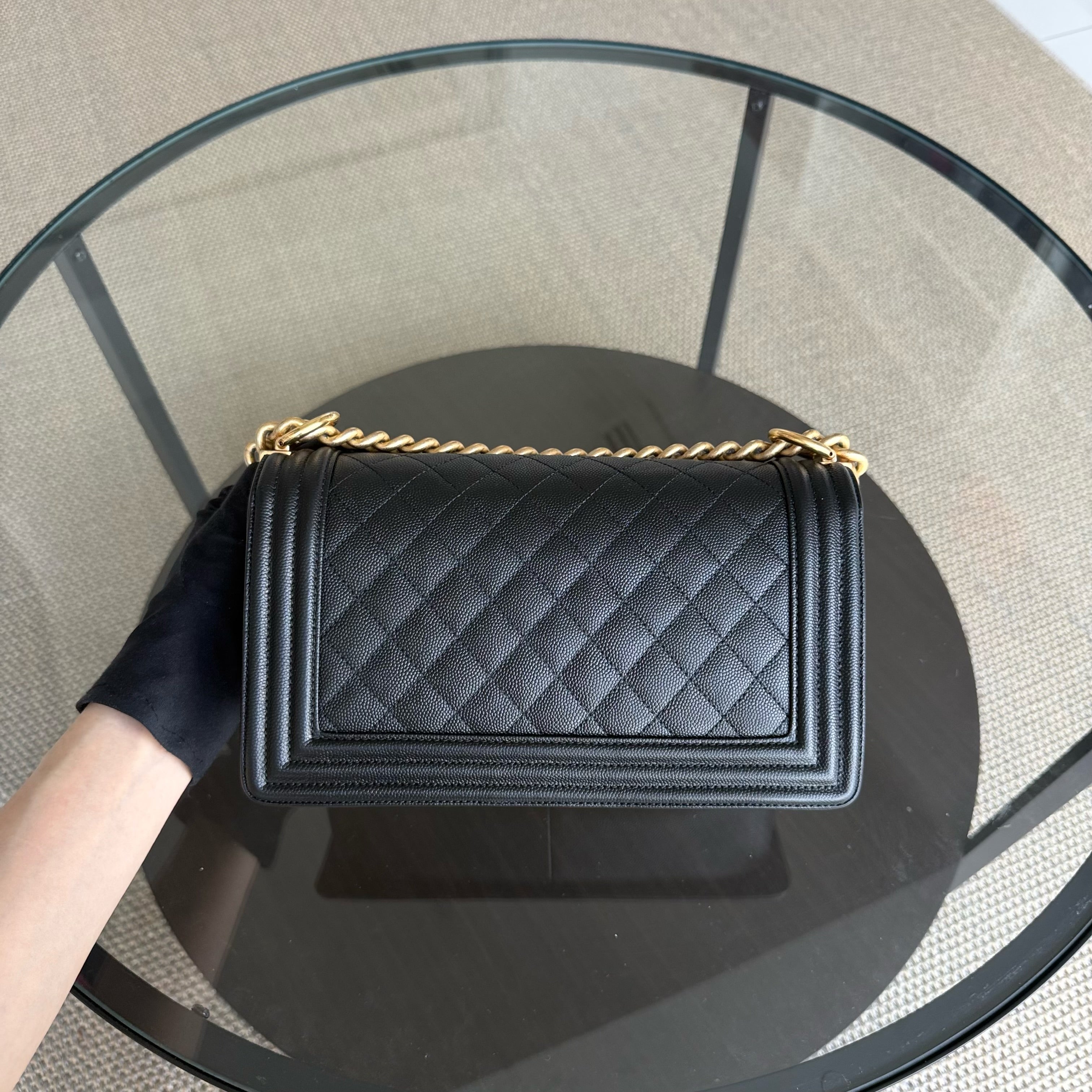 Chanel Boy Medium - Caviar 25CM Quilted Grained Calfskin Black Gold Hardware Series 29