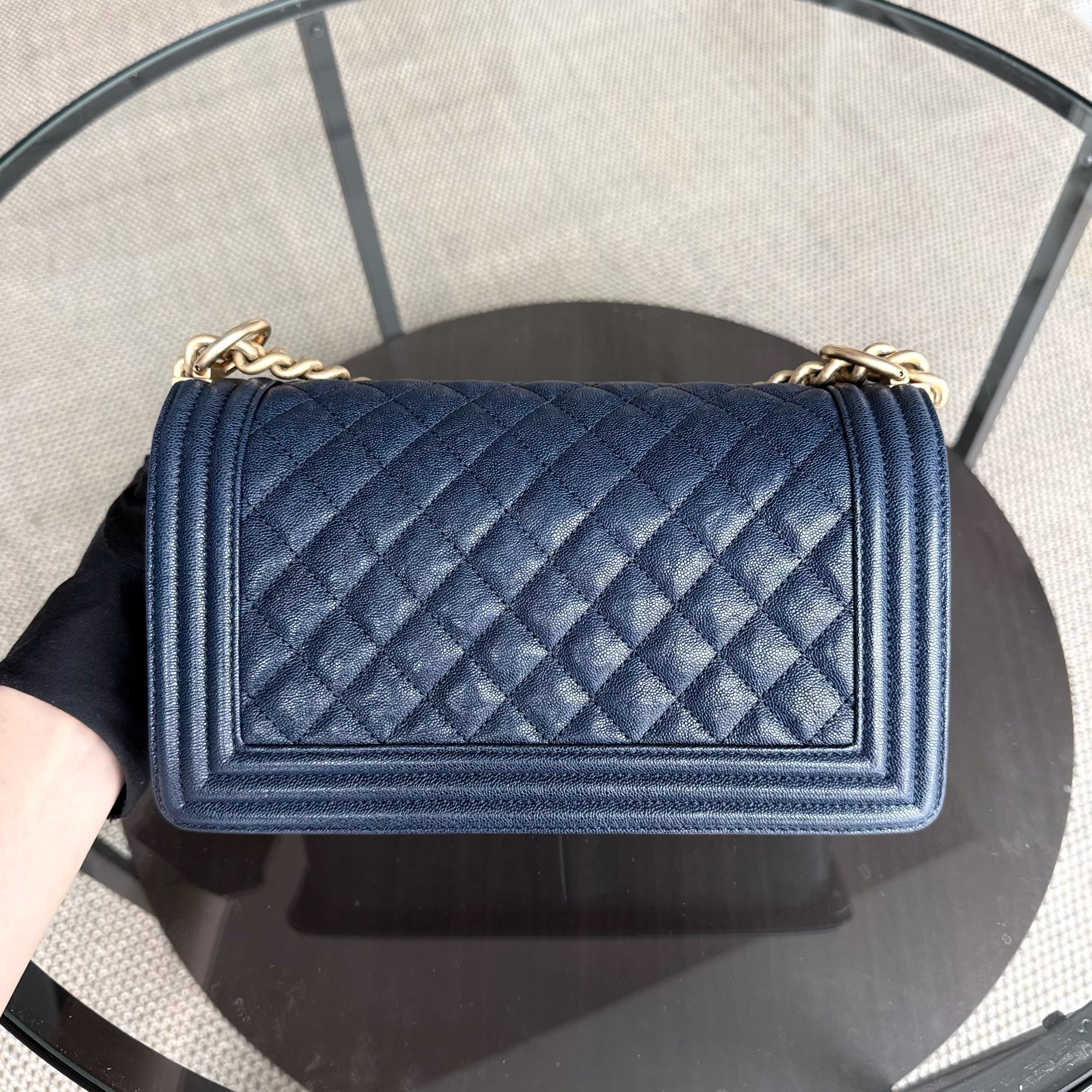 Chanel Boy Medium - Caviar 25CM Quilted Dark Blue Gold Hardware Series 27