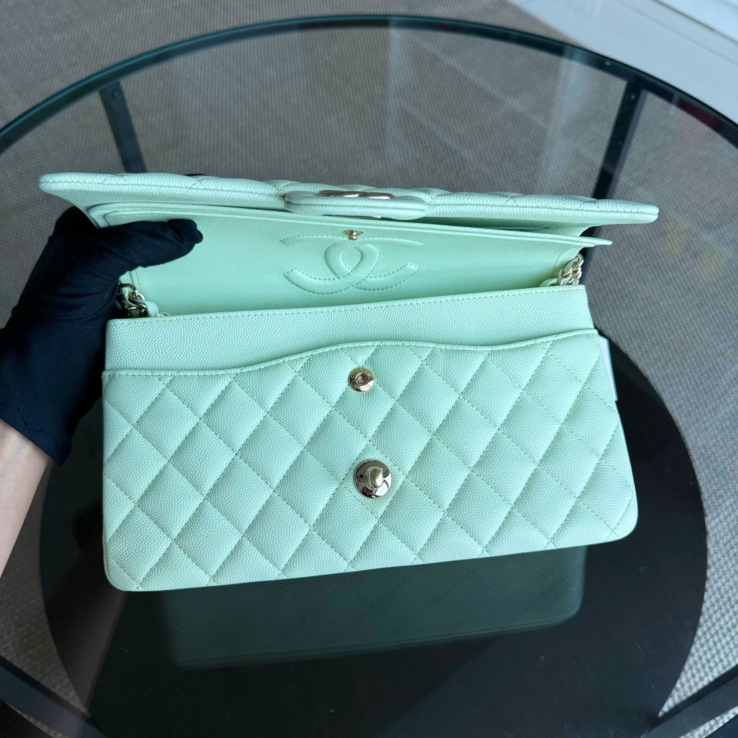 Chanel Classic Flap Medium - Caviar 25CM Quilted Grained Calfskin Light Mint Green Gold Hardware Microchip