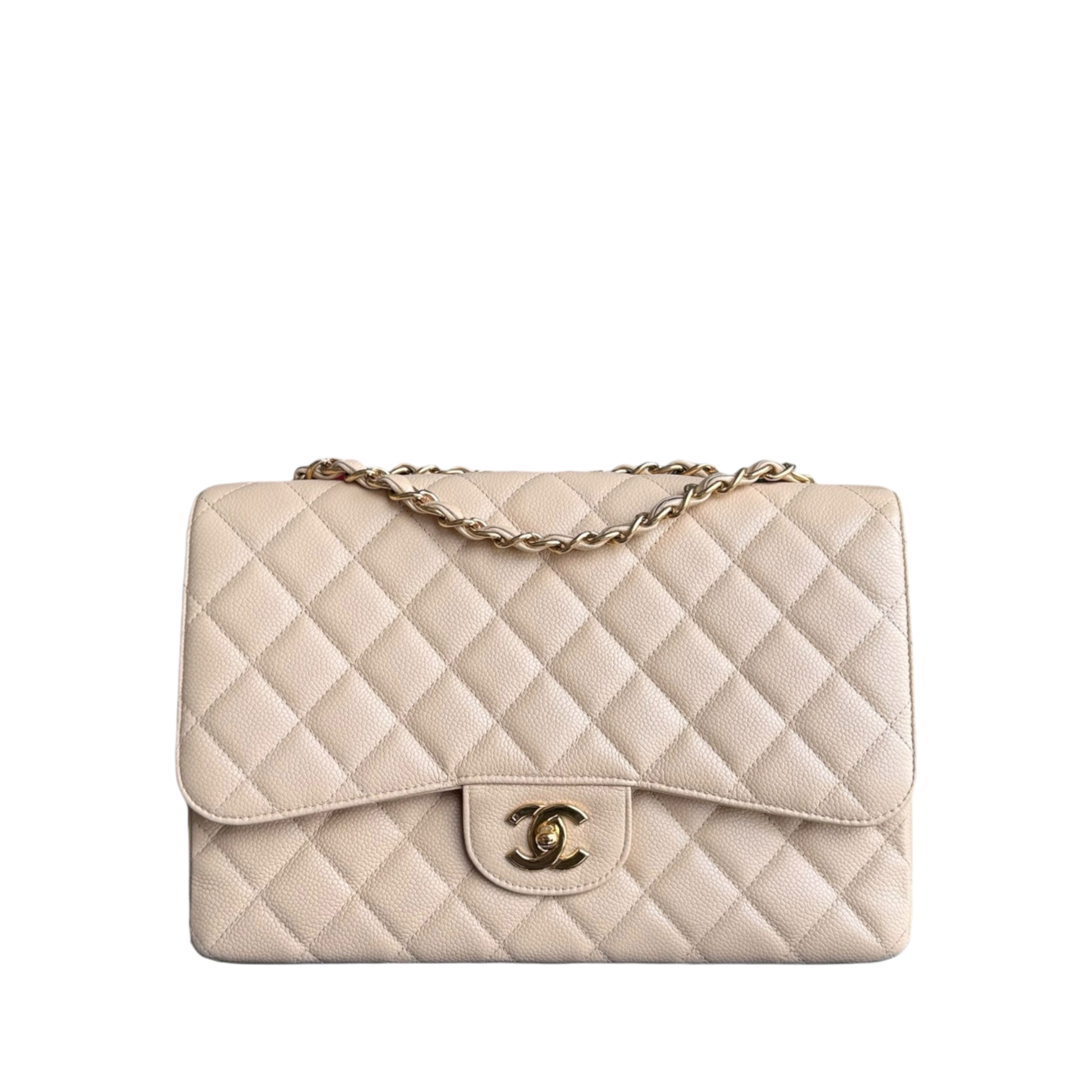 Chanel Classic Flap Jumbo - Caviar 30CM Single Flap Quilted Beige Gold Hardware Series 12