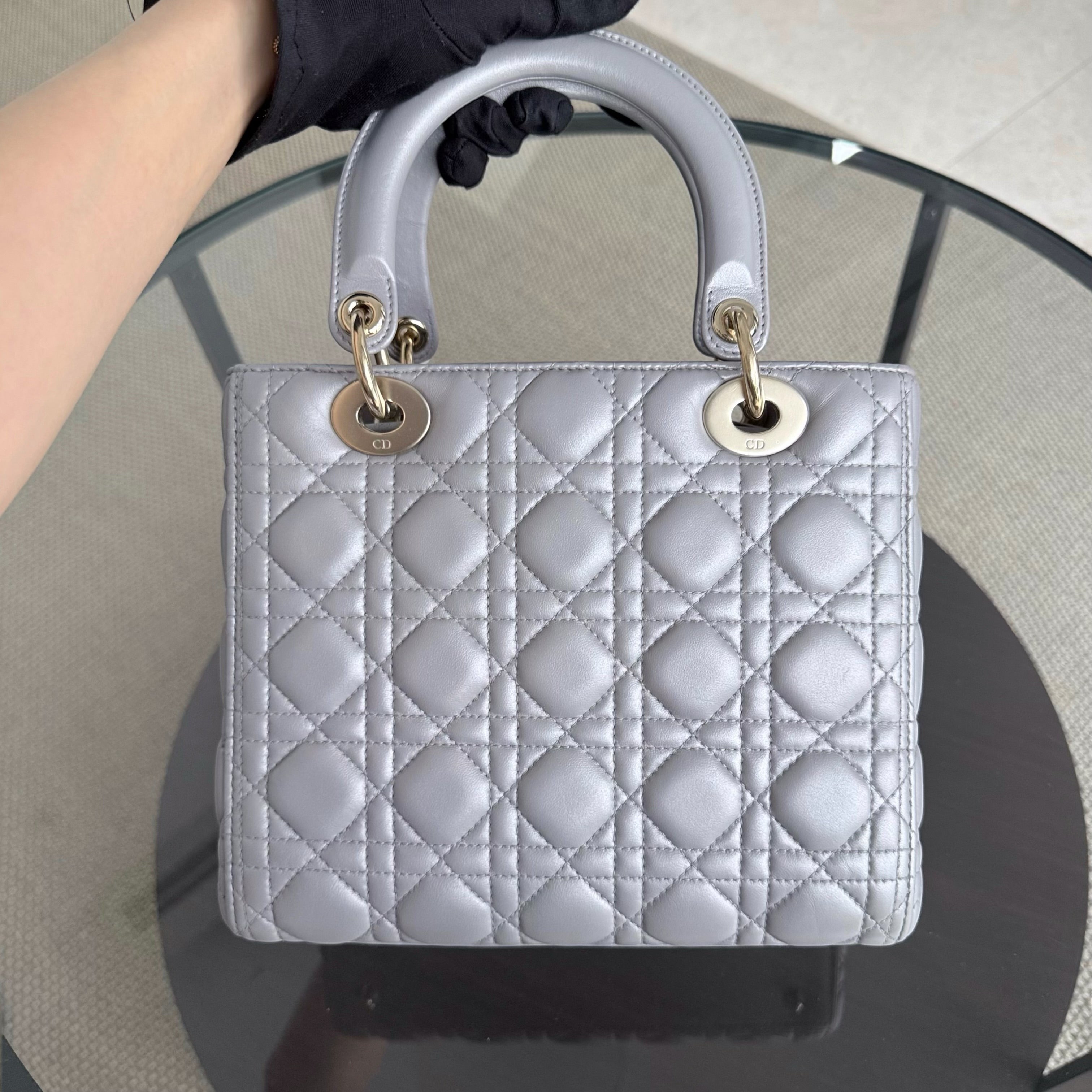 Dior Lady Medium - Cannage Lambskin Gray Grey Gold Hardware Adjustable Strap