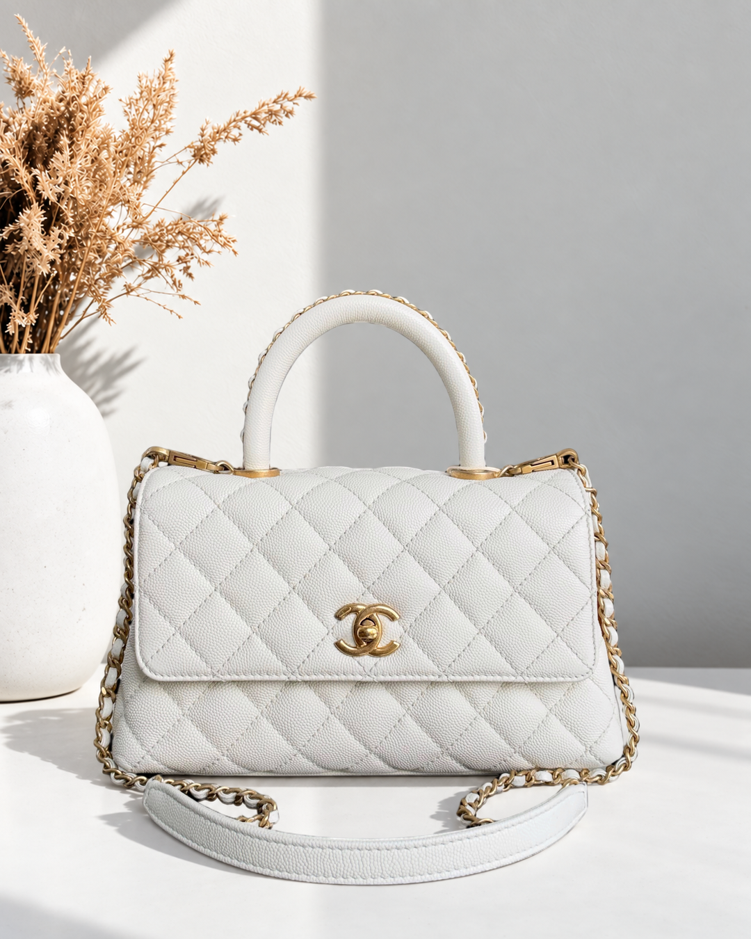 Chanel Coco Handle Small - 24CM Caviar Quilted White Gold Hardware Microchip