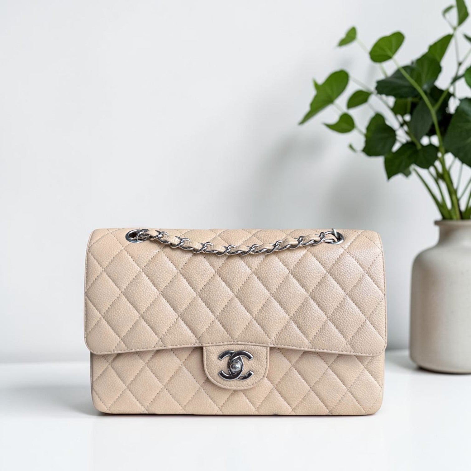 Chanel Classic Flap Medium - 25CM Quilted Caviar Beige Silver Hardware Series 12