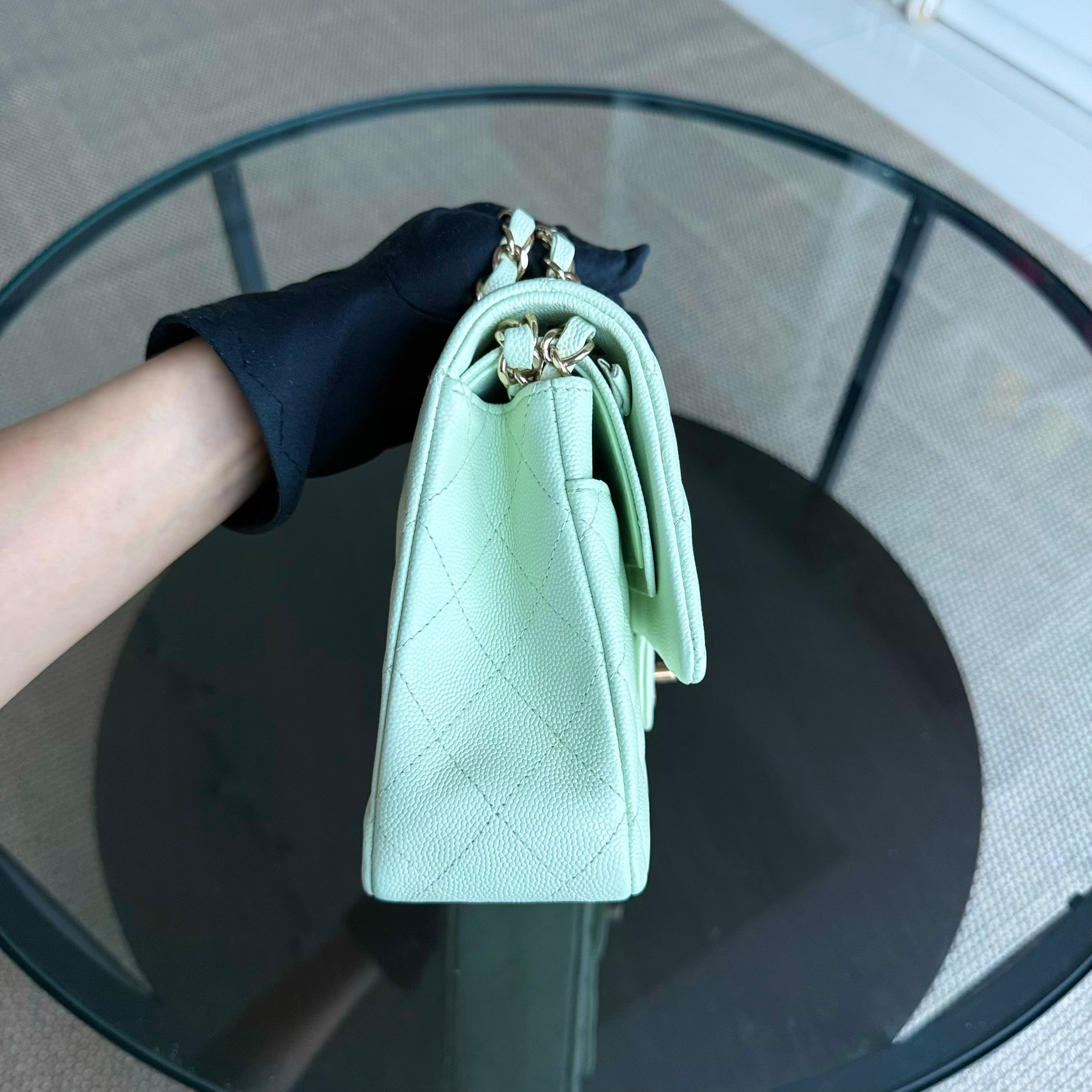 Chanel Classic Flap Medium - Caviar 25CM Quilted Grained Calfskin Light Mint Green Gold Hardware Microchip