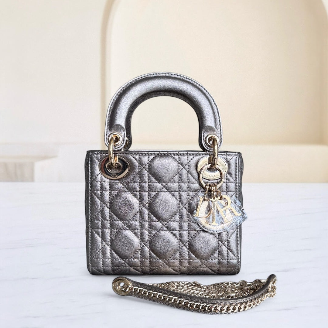 Dior Lady Mini - Cannage Calfskin Gunmetal Gold Hardware Chain Strap