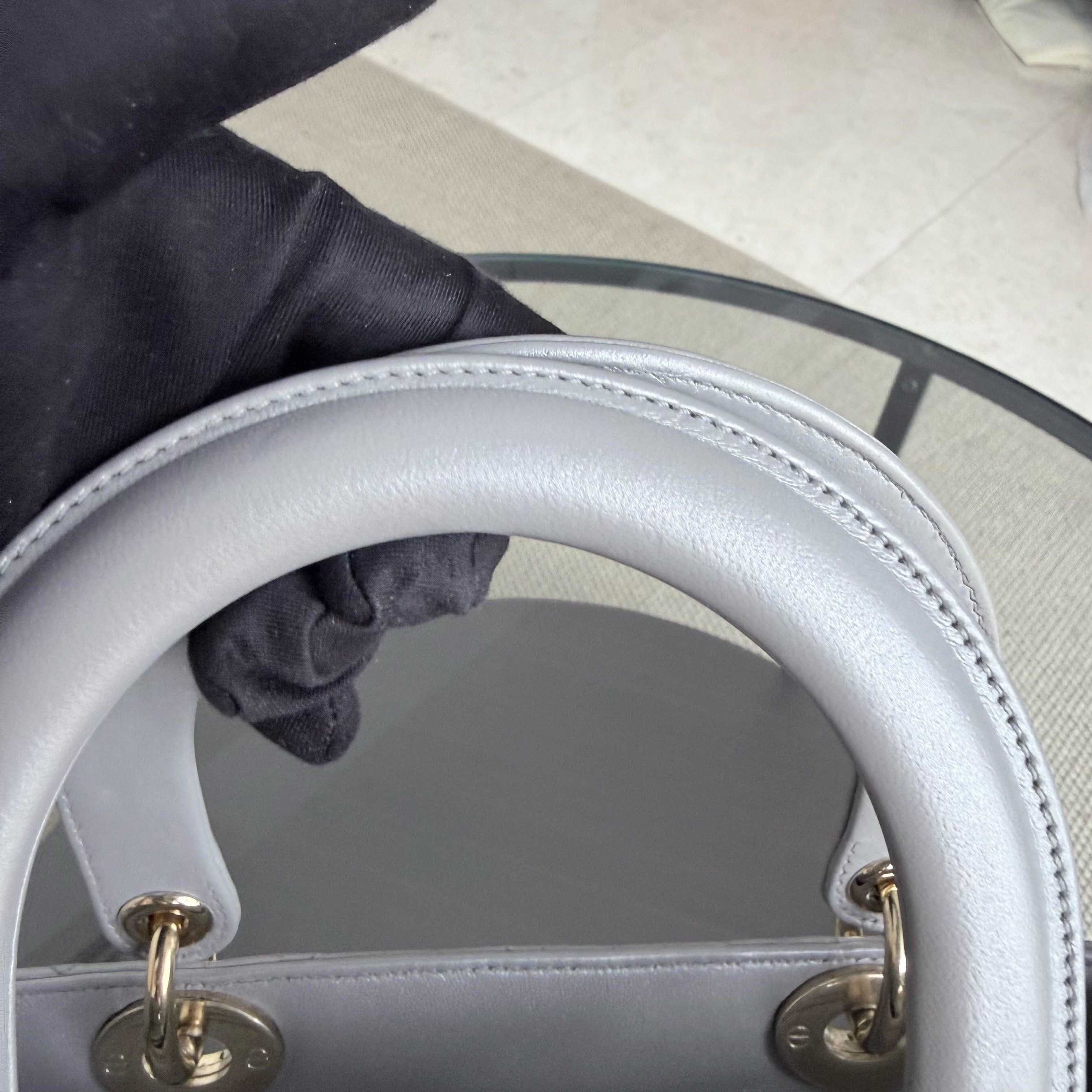 Dior Lady Medium - Cannage Lambskin Gray Grey Gold Hardware Adjustable Strap