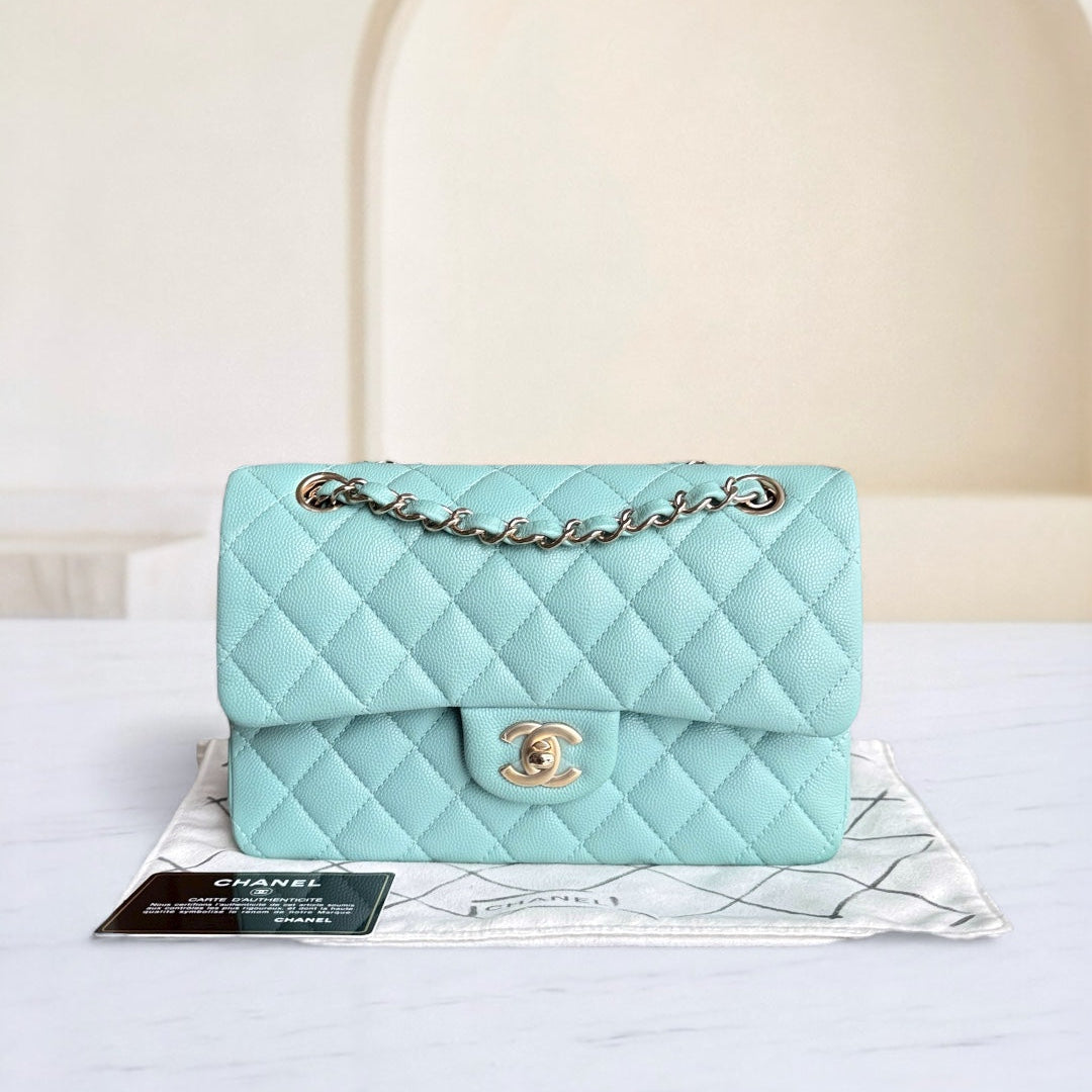 Chanel Classic Flap Small - Caviar 23CM Quilted Mint Green Blue Gold Hardware Series 29
