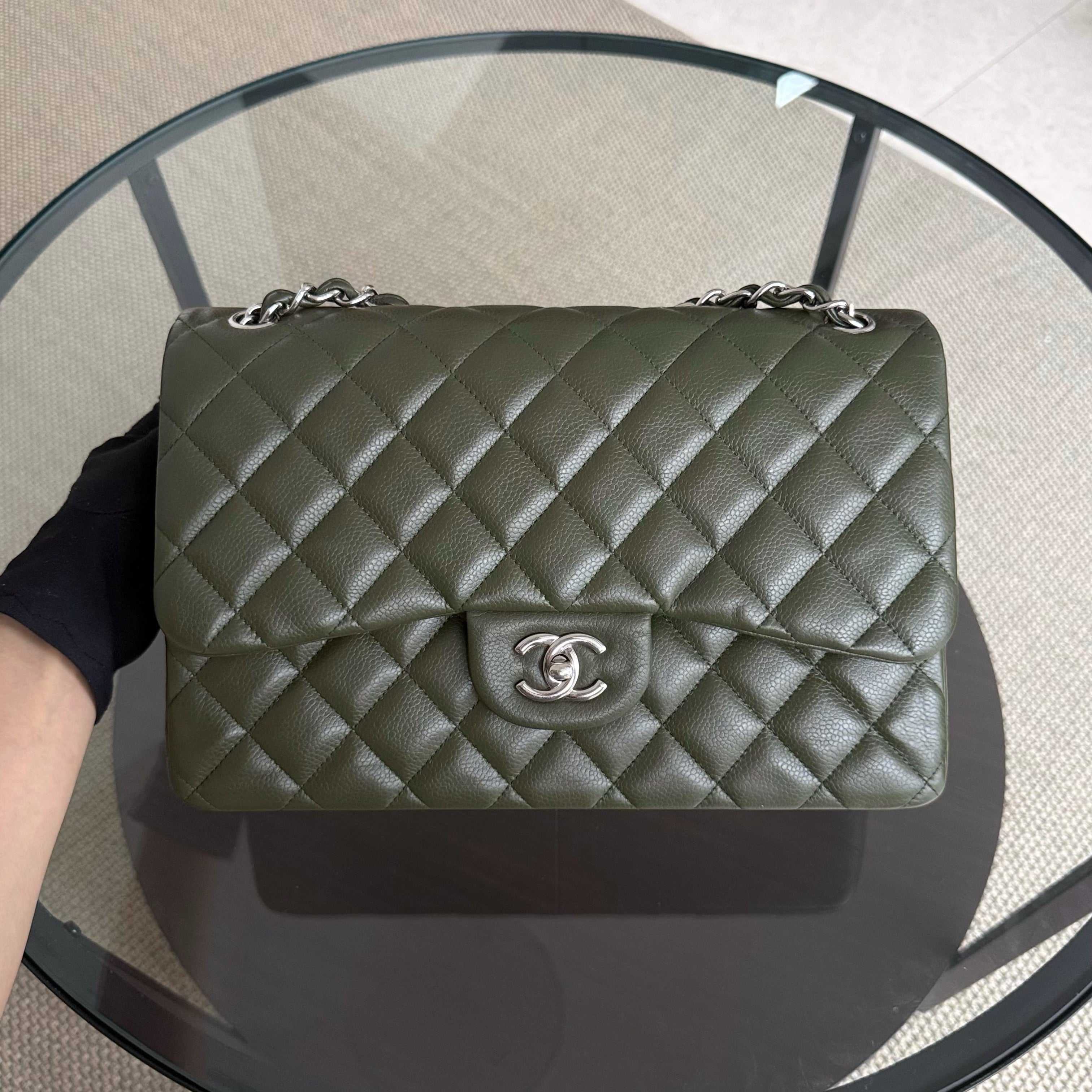 Chanel Classic Flap Jumbo - Caviar 30CM Double Flap Quilted Dark Army Green Silver Hardware Series 14