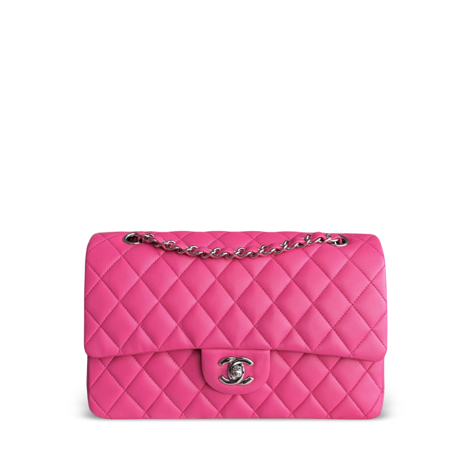 Chanel Classic Flap Medium Bag - Quilted Lambskin Hot Pink Silver Hardware Series 19