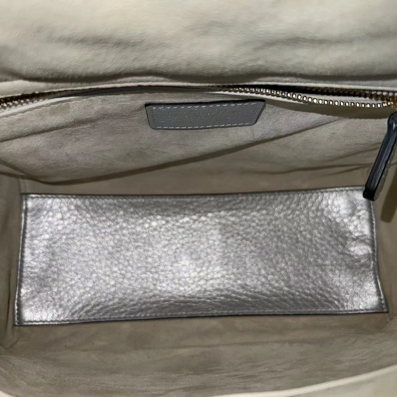 *Flap Open* Dior Lady Medium - Grained Calfskin Metallic Silver Golden Hardware