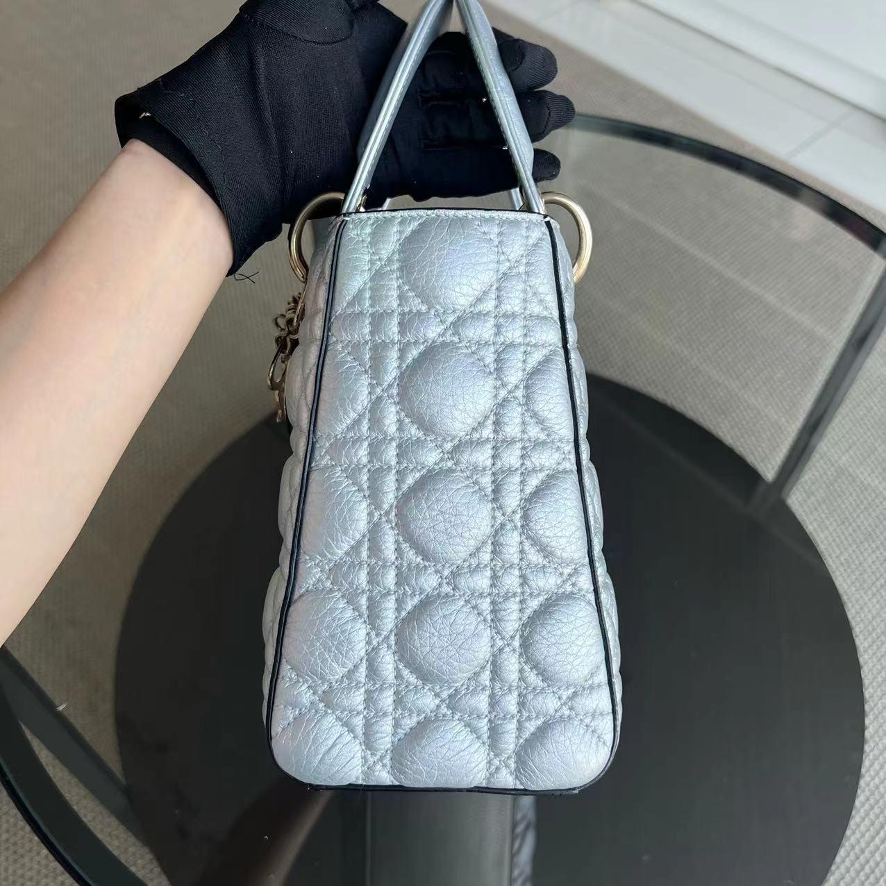 *Flap Open* Dior Lady Medium - Grained Calfskin Metallic Silver Golden Hardware