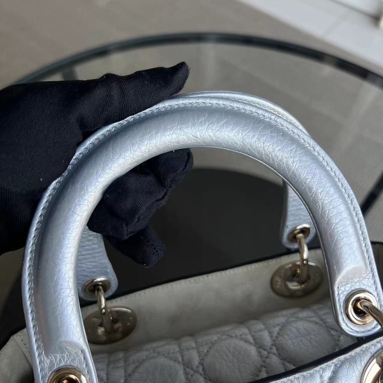 *Flap Open* Dior Lady Medium - Grained Calfskin Metallic Silver Golden Hardware