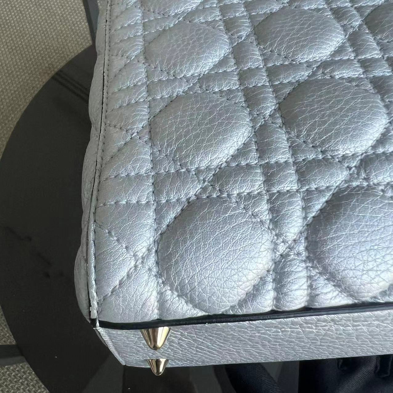 *Flap Open* Dior Lady Medium - Grained Calfskin Metallic Silver Golden Hardware