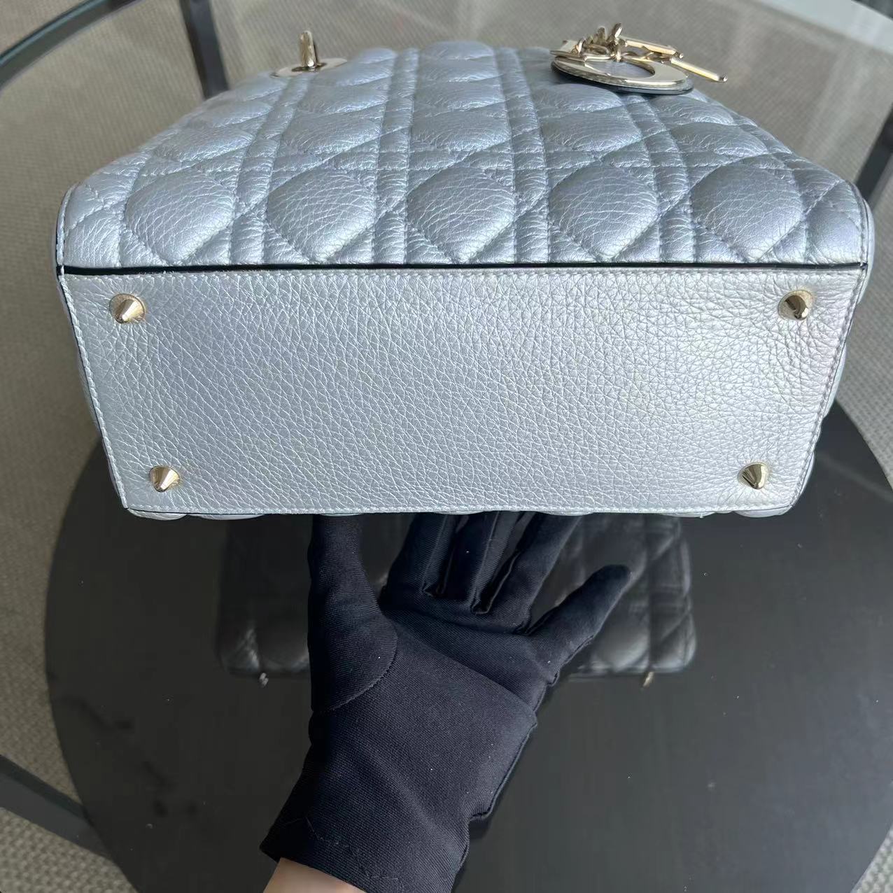 *Flap Open* Dior Lady Medium - Grained Calfskin Metallic Silver Golden Hardware