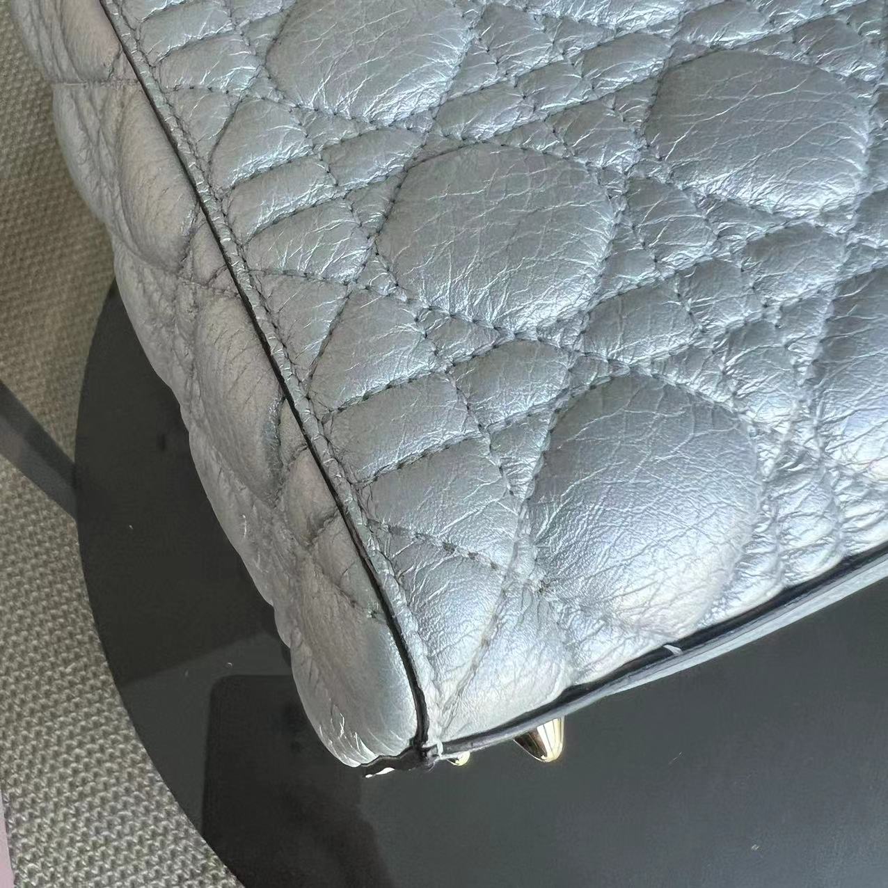 *Flap Open* Dior Lady Medium - Grained Calfskin Metallic Silver Golden Hardware