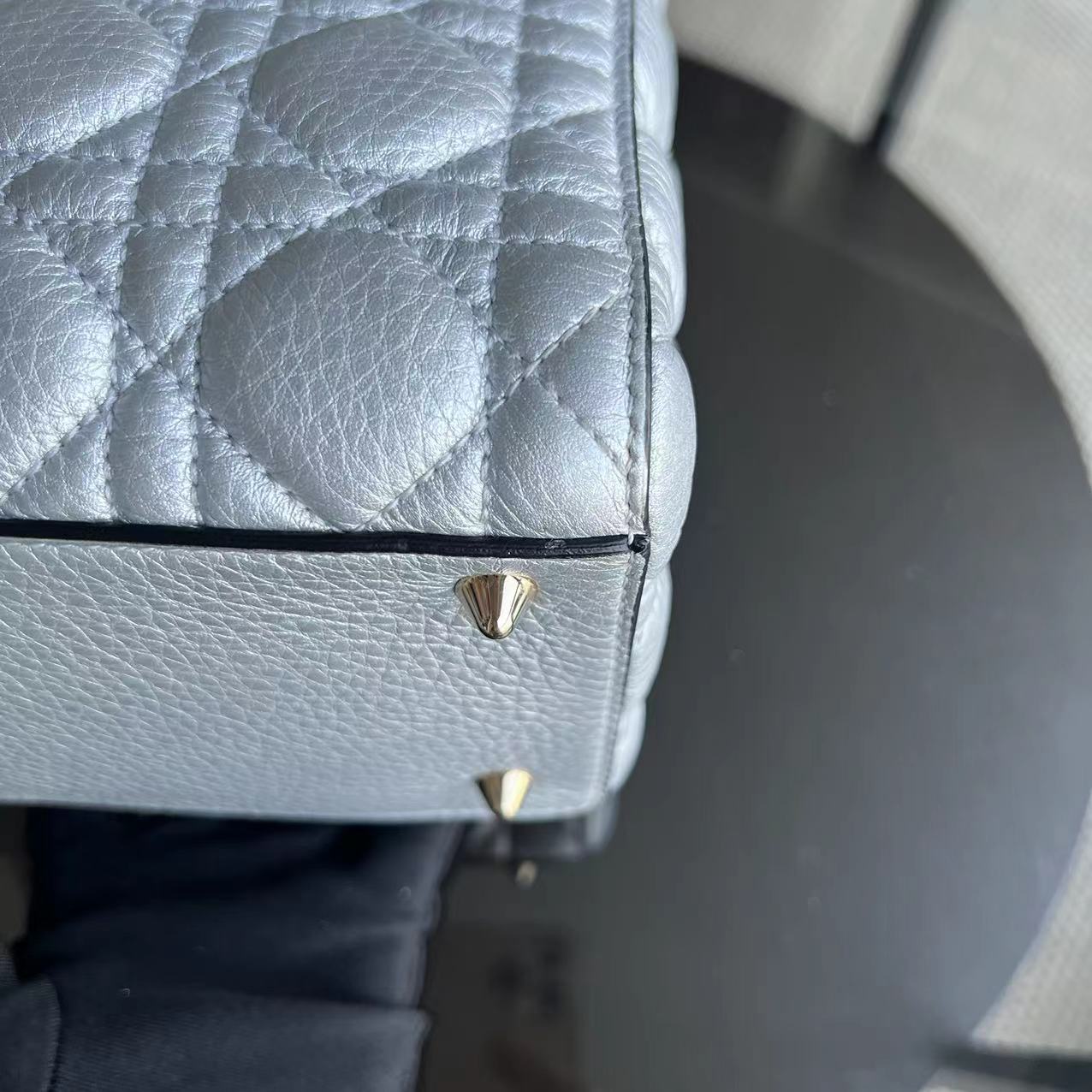 *Flap Open* Dior Lady Medium - Grained Calfskin Metallic Silver Golden Hardware