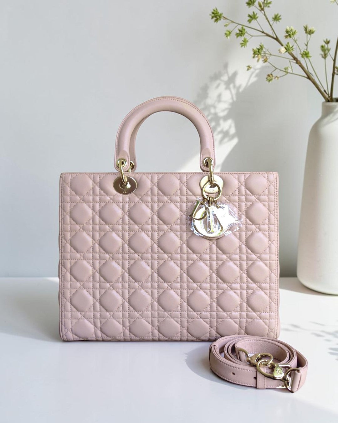 Dior Lady Large - Cannage Lambskin Light Pink Gold Hardware Adjustable Strap