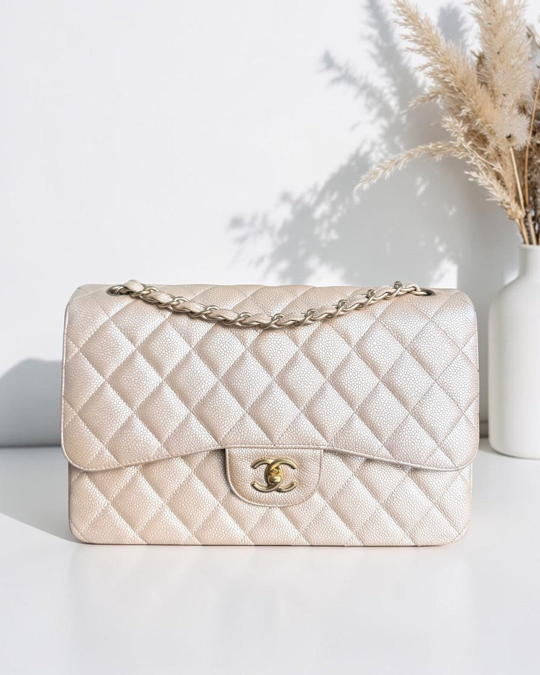 Chanel Classic Flap Jumbo - Caviar 30CM Double Flap Quilted iridescent Beige Gold Hardware Series 16