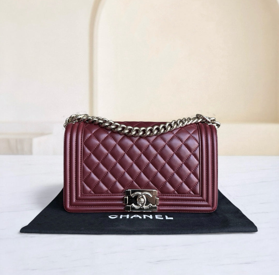 Chanel Boy Medium - 25CM Quilted Lambskin Burgundy Red Gold Hardware Series 22