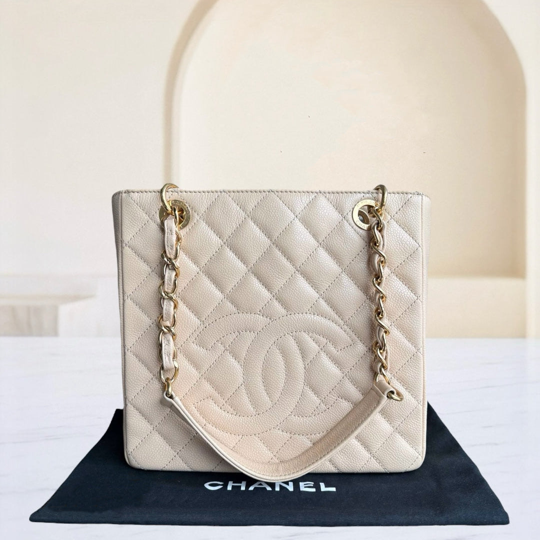 Chanel PST Petite Shopping Tote - Caviar Quilted Grained Calfskin Light Beige Gold Hardware